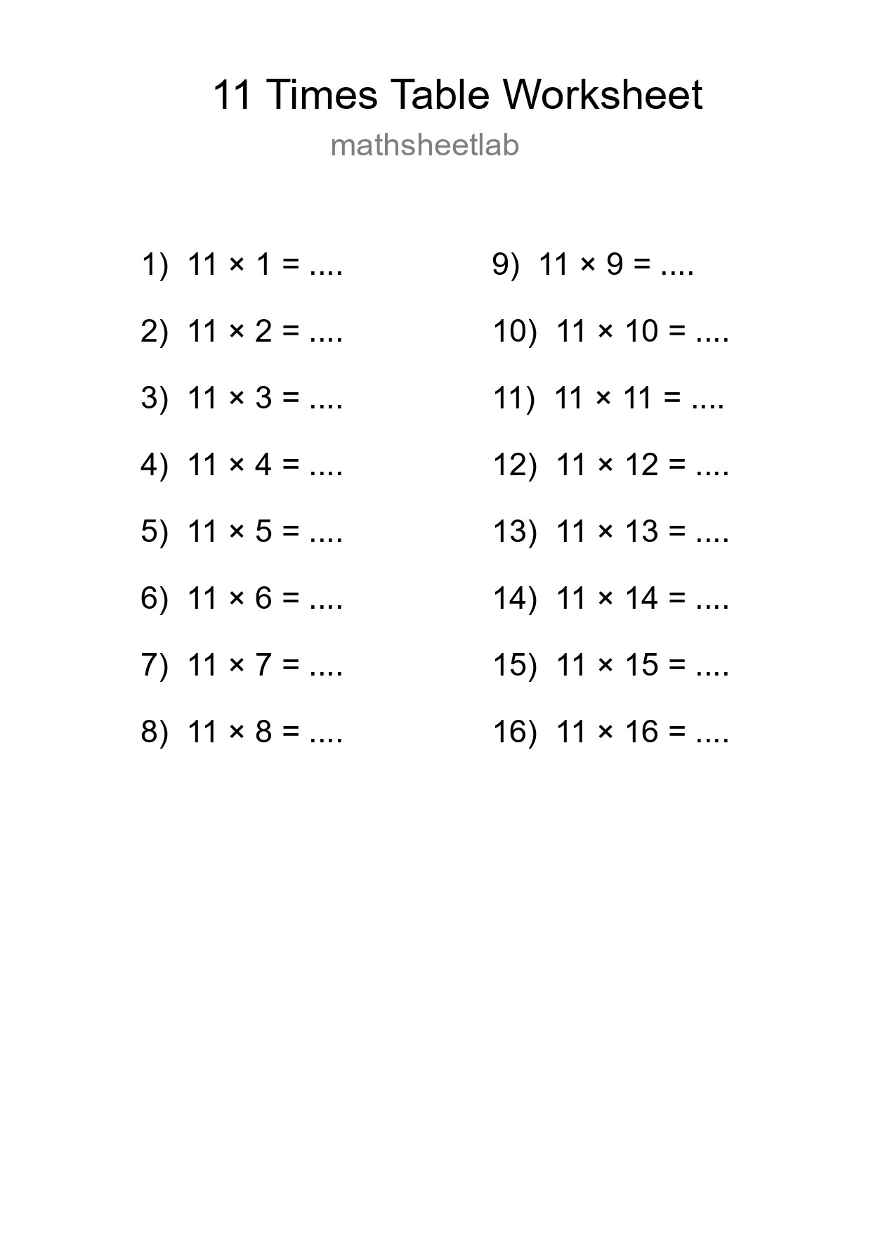 11 Times Table Worksheet For Grade 4 With Answers - Part 9