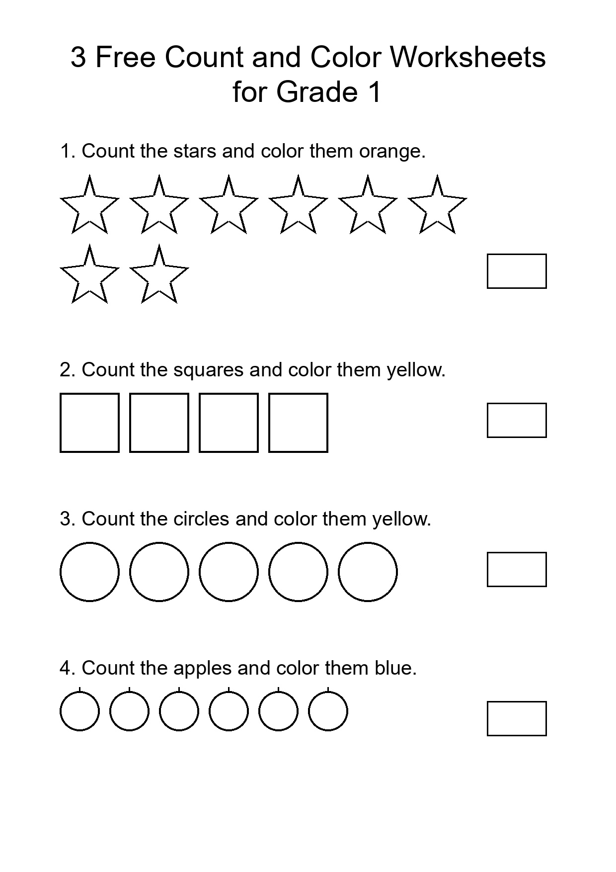 3 Free Count and Color Worksheets for Grade 1