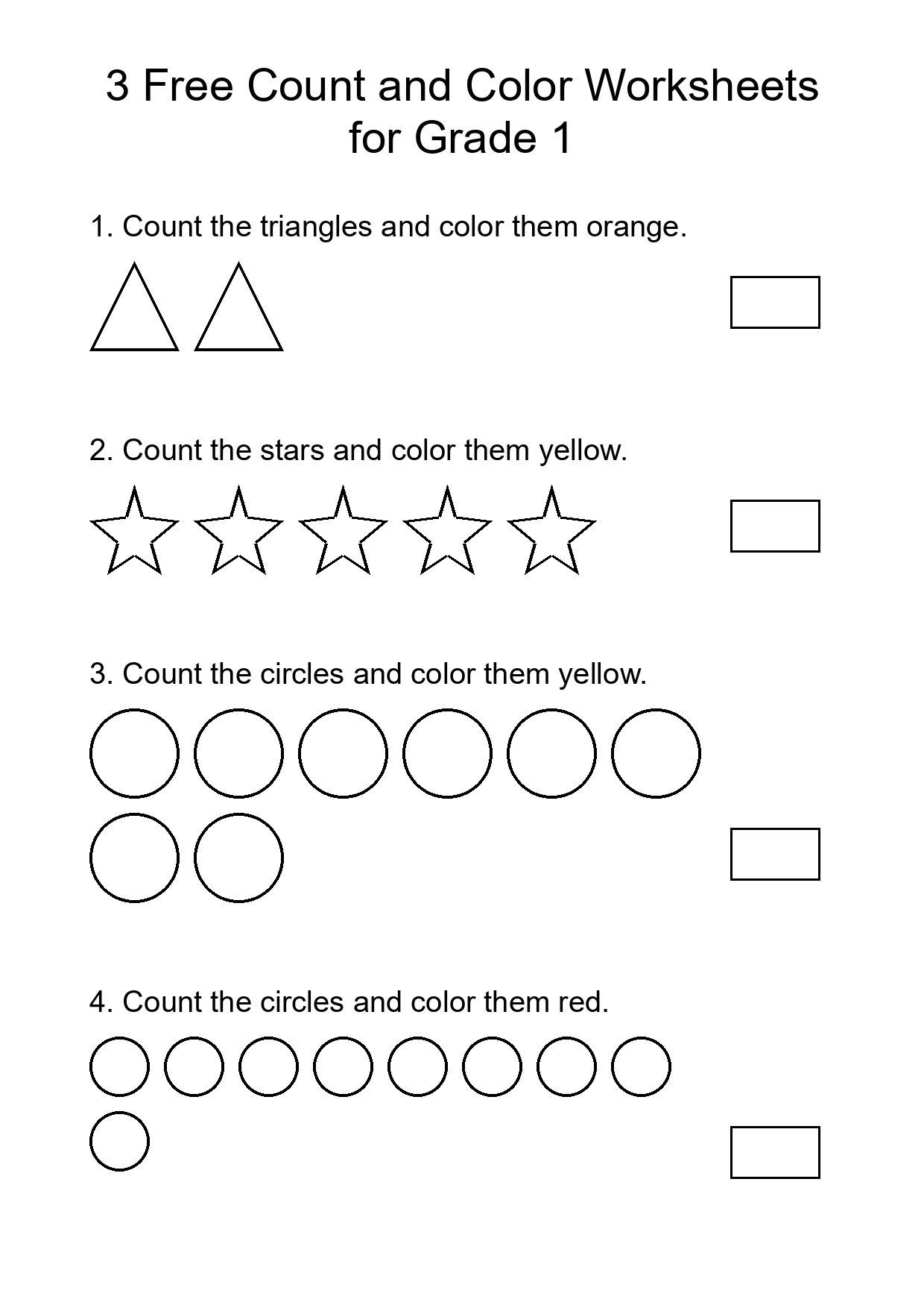 3 Free Count and Color Worksheets for Grade 1