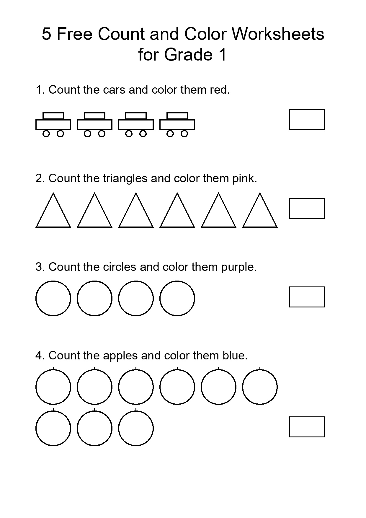 5 Free Count and Color Worksheets for Grade 1