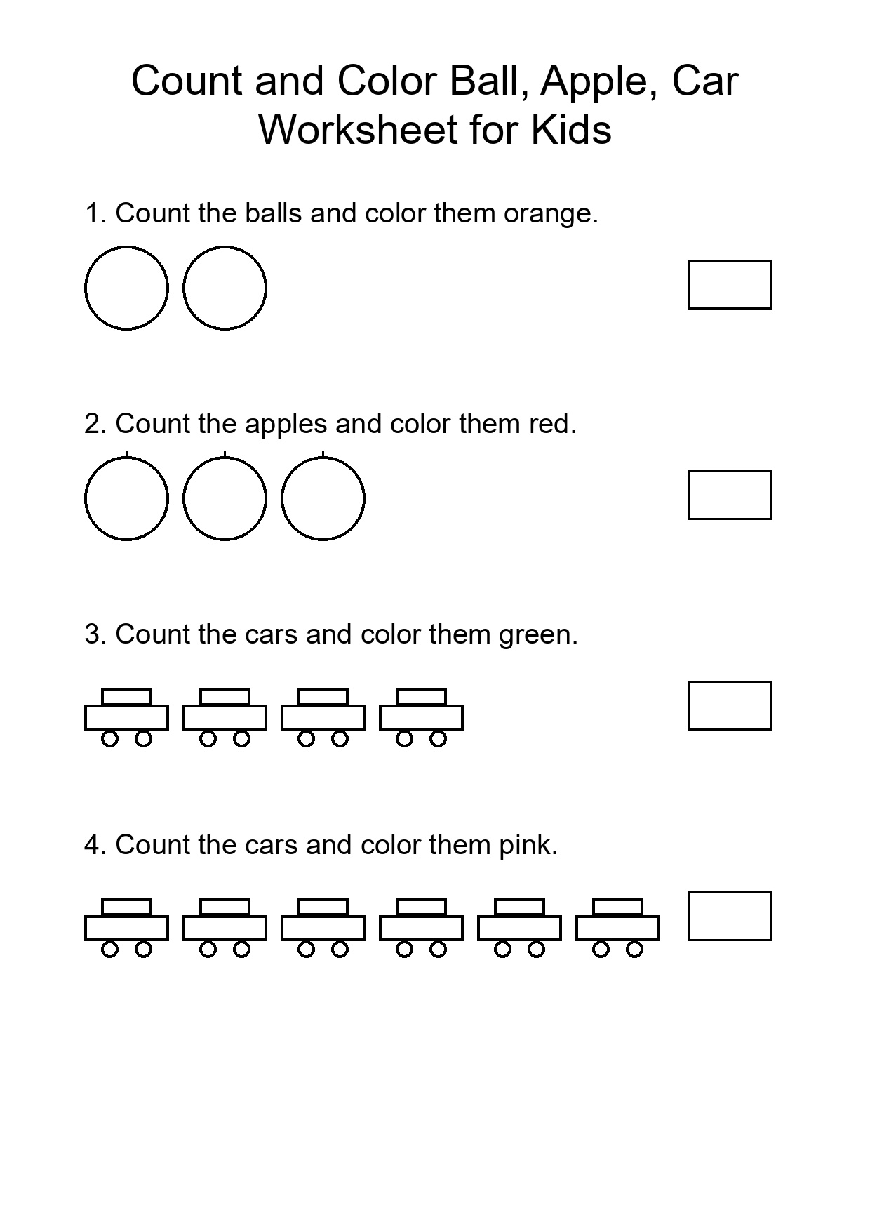 Count and Color Ball, Apple, Car Worksheet for Kids