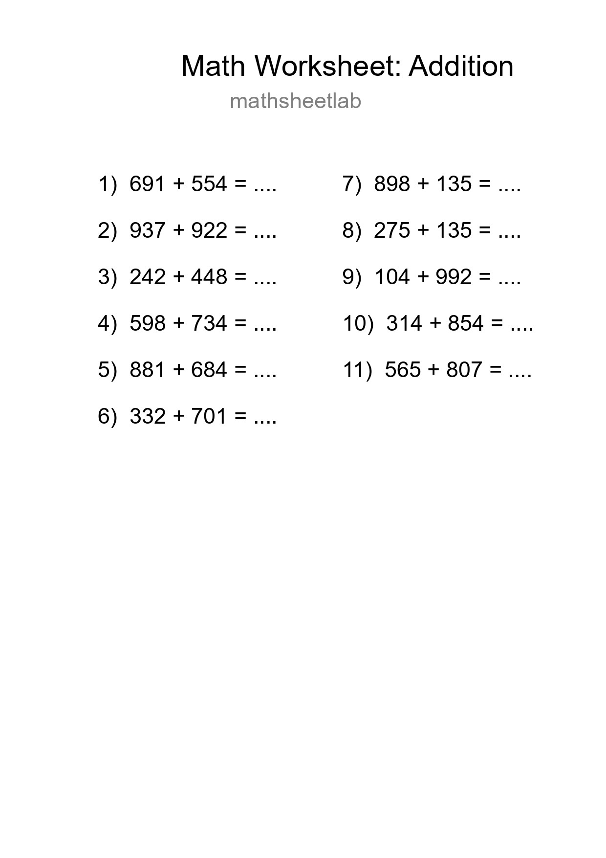 Free 11 Addition Math Worksheet For Grade 5 With Answers - Part 111