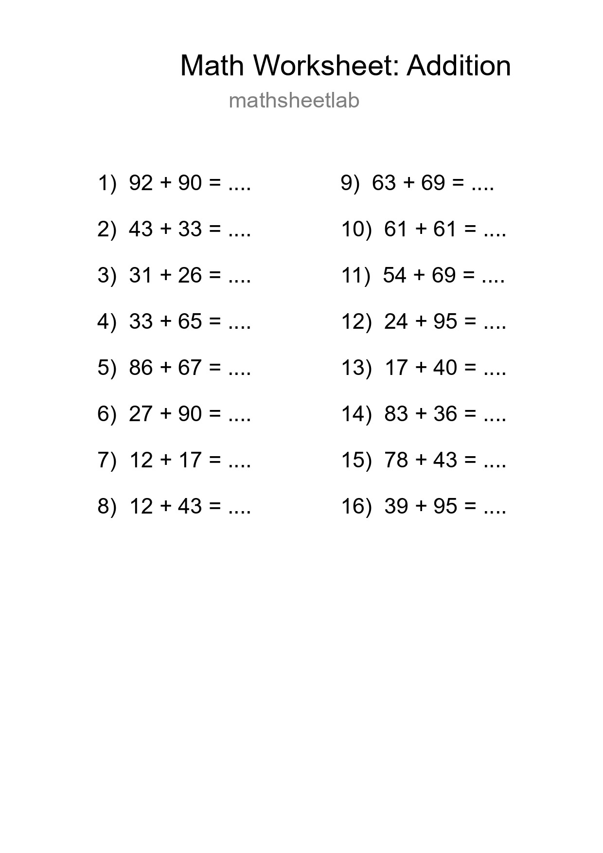 Free 16 Addition Math Worksheet For Grade 3 With Answers - Part 100