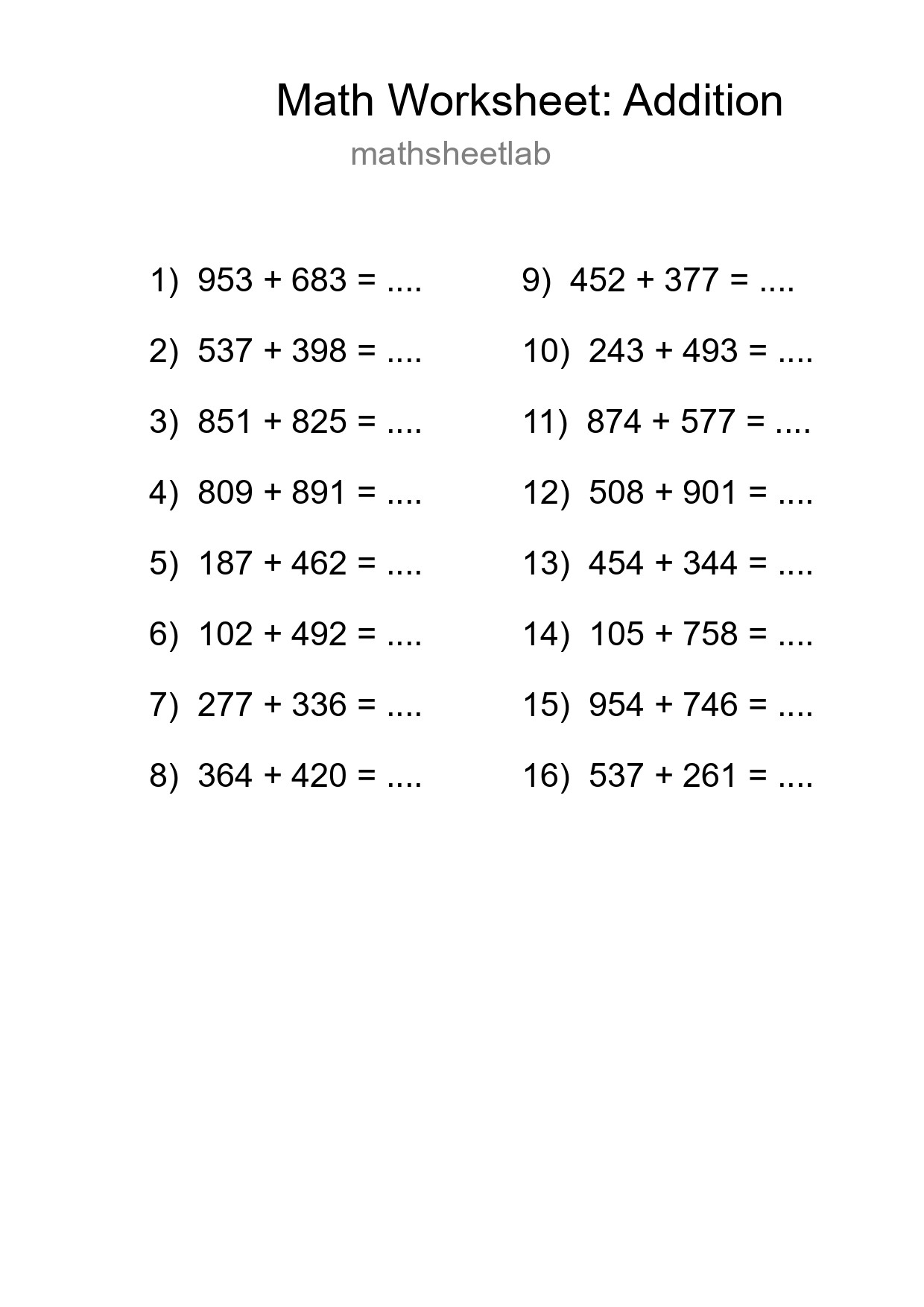 Free 16 Addition Math Worksheet For Grade 5 With Answers - Part 221