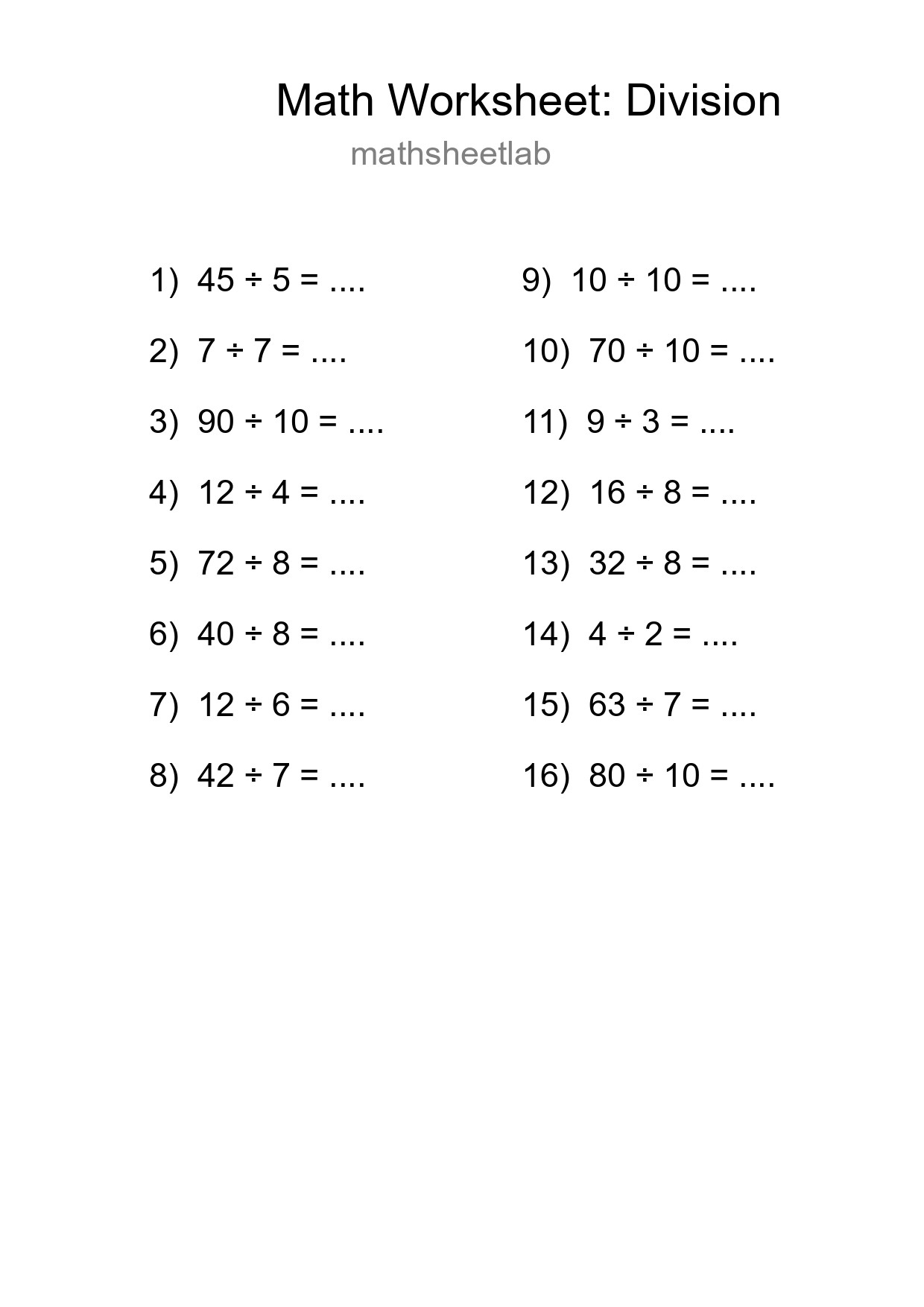 Free 16 Division Math Worksheet For Grade 1 With Answers - Part 48