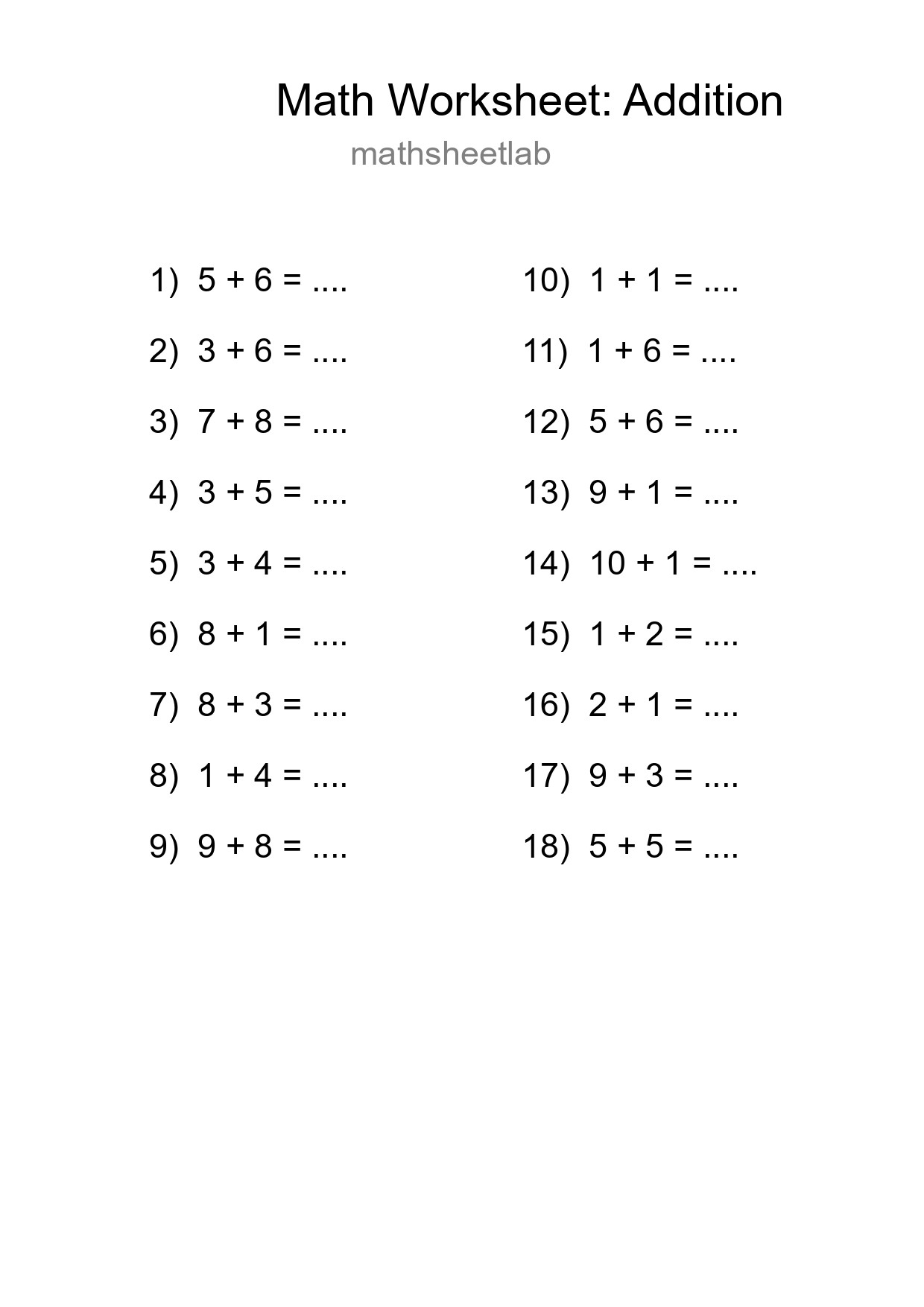 Free 18 Addition Math Worksheet For Grade 1 With Answers