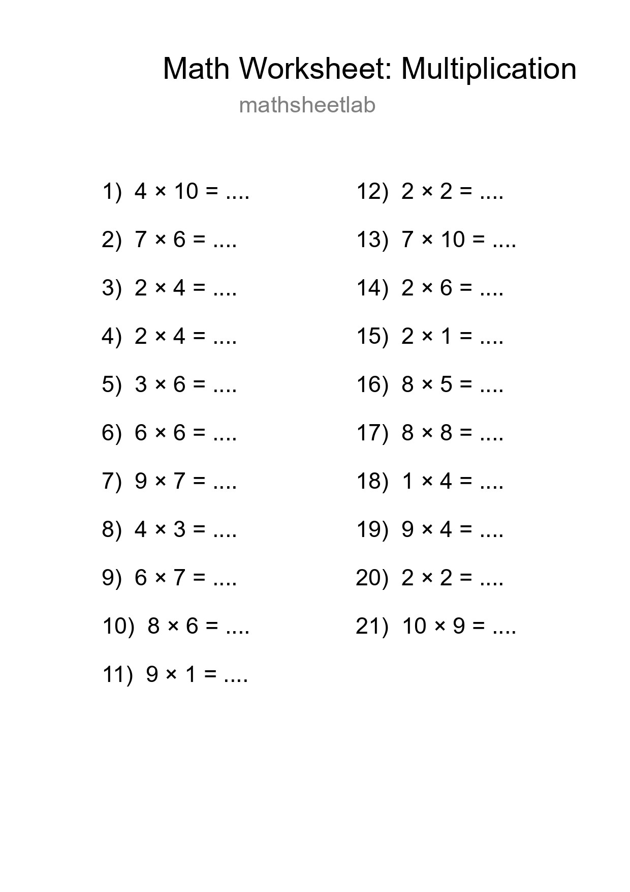 Free 21 Multiplication Math Worksheet For Grade 1 With Answers - Part 95