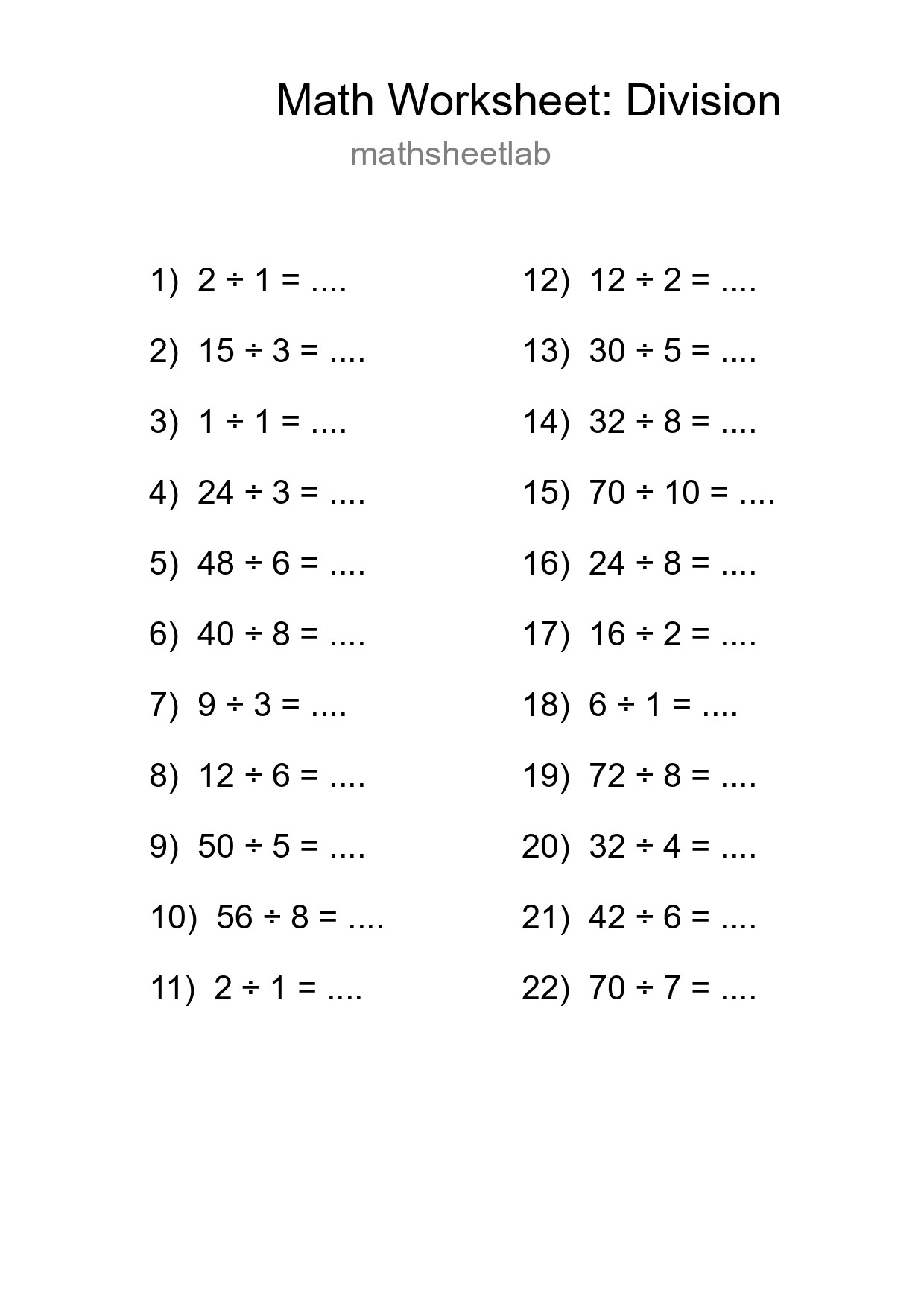 Free 22 Division Math Worksheet For Grade 1 With Answers - Part 191