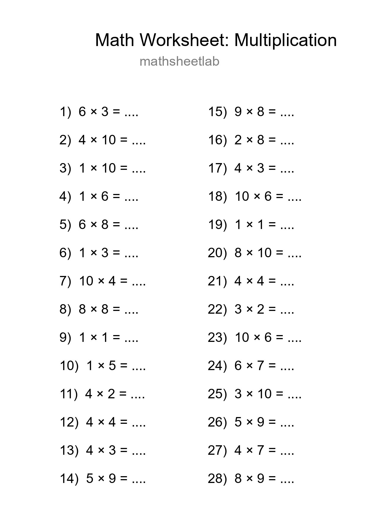 Free 28 Multiplication Math Worksheet For Grade 1 - Part 117