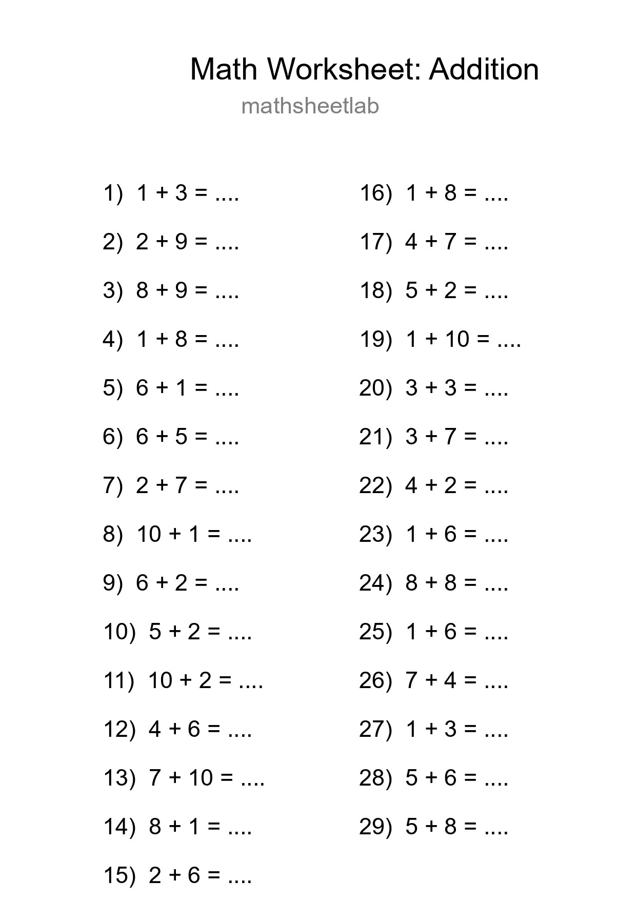 Free 29 Addition Math Worksheet For Grade 1 - Part 56