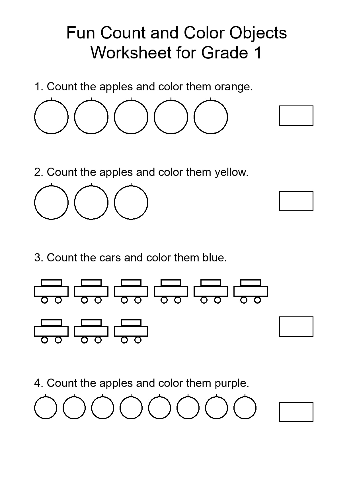 Fun Count and Color Objects Worksheet for Grade 1