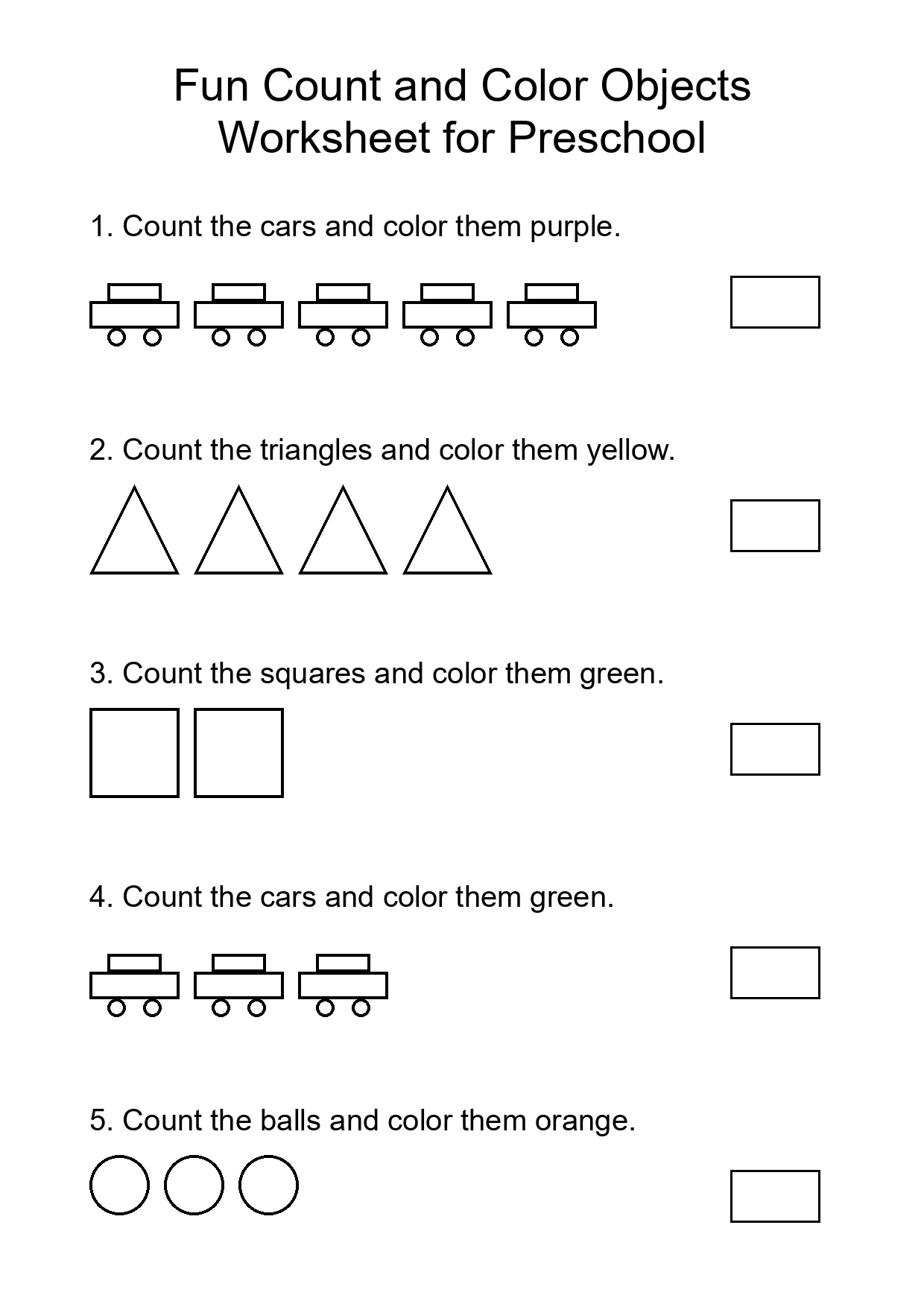 Fun Count and Color Objects Worksheet for Preschool