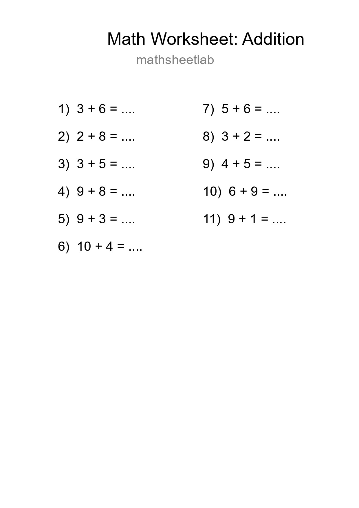 Grade 1 Addition Practice Worksheet (11 Problems) - Part 144