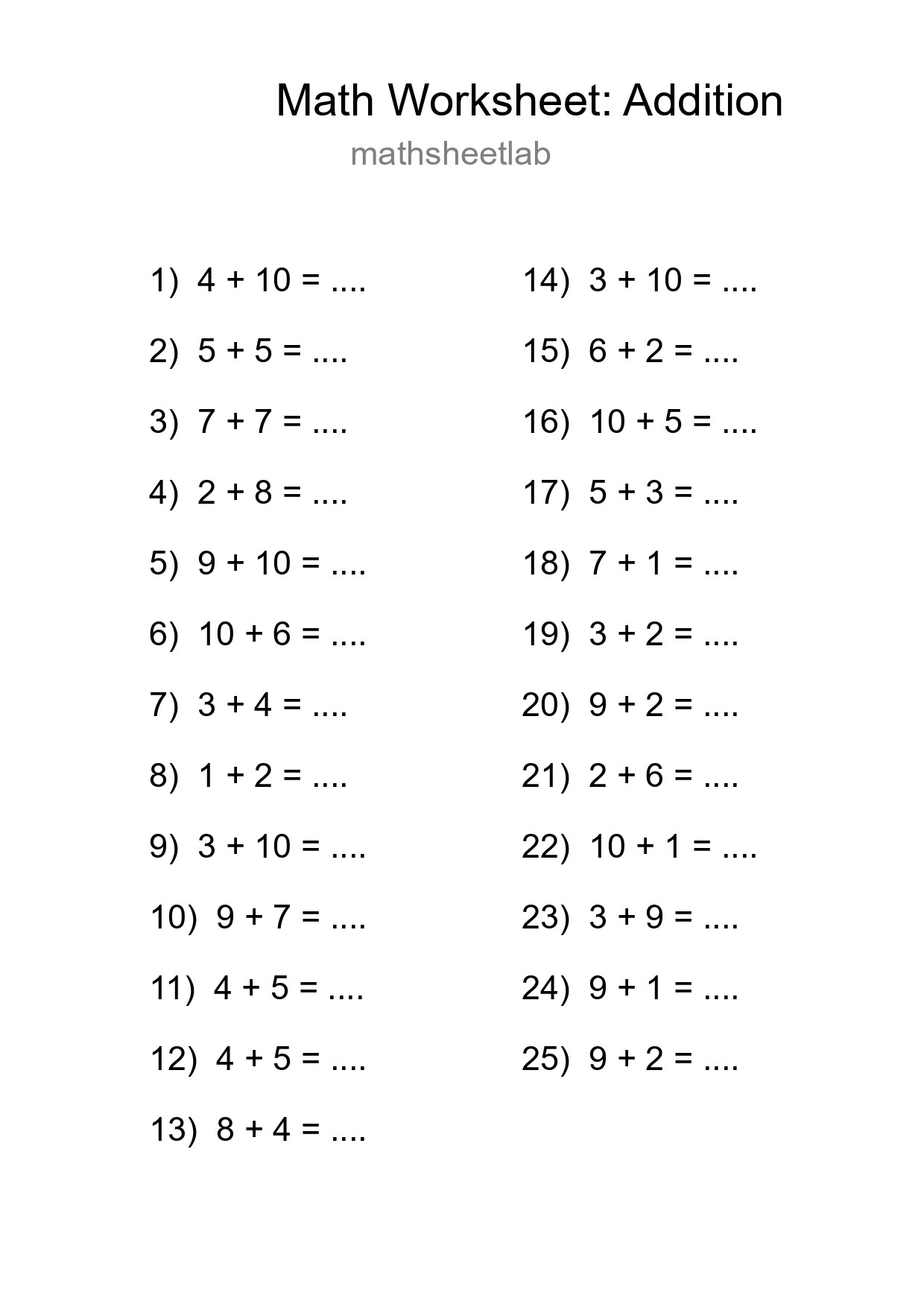 Grade 1 Addition Practice Worksheet (25 Problems) - Part 23