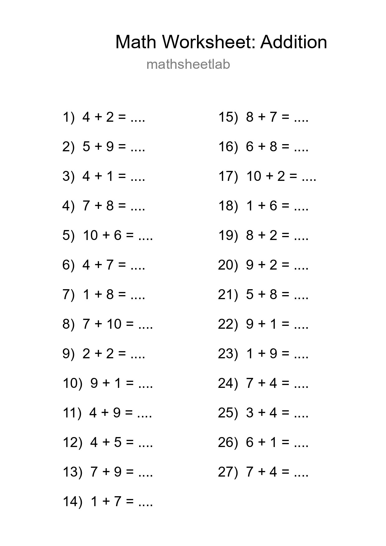 Grade 1 Addition Practice Worksheet (27 Problems) - Part 188