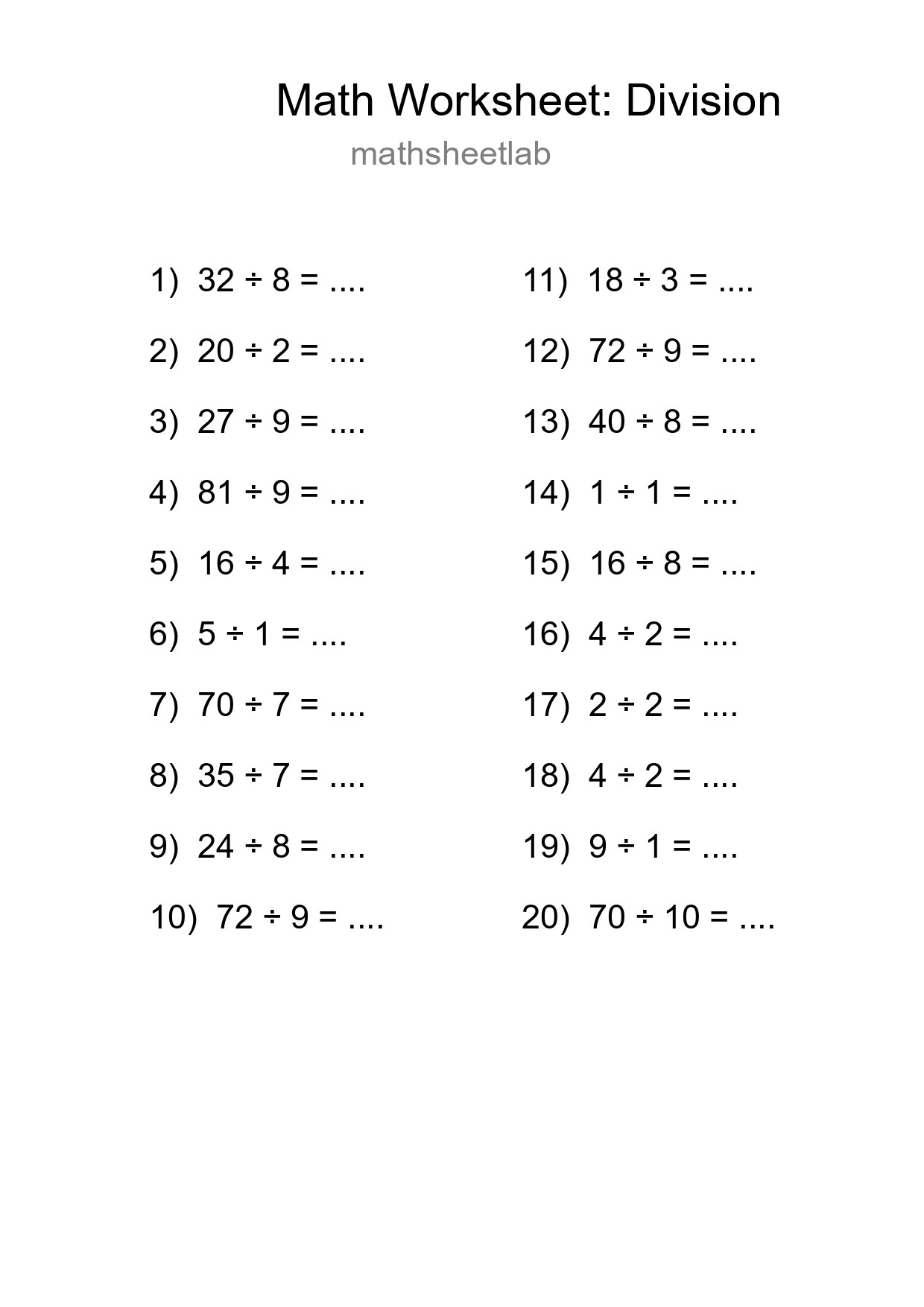 Grade 1 Division Practice Worksheet (20 Problems) - Part 15