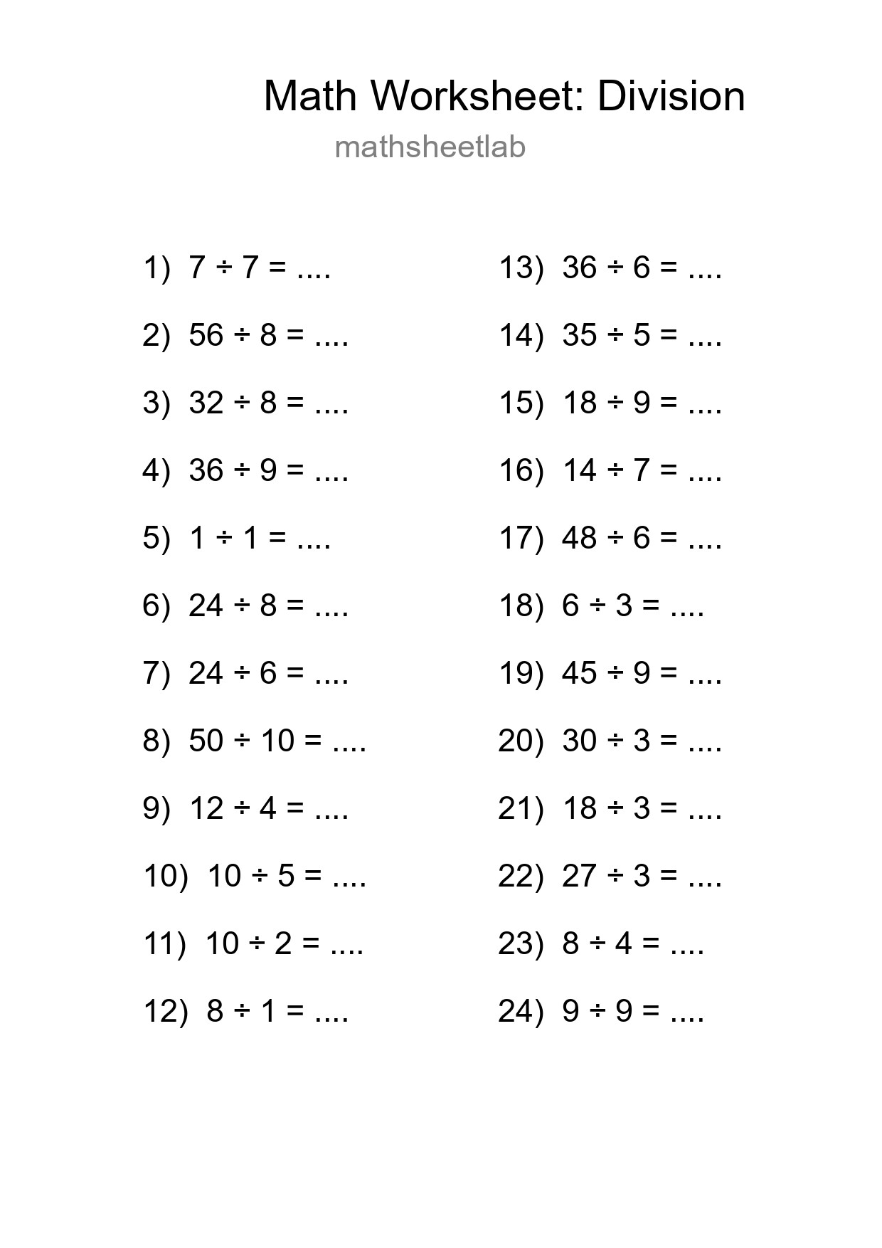 Grade 1 Division Practice Worksheet (24 Problems) - Part 257