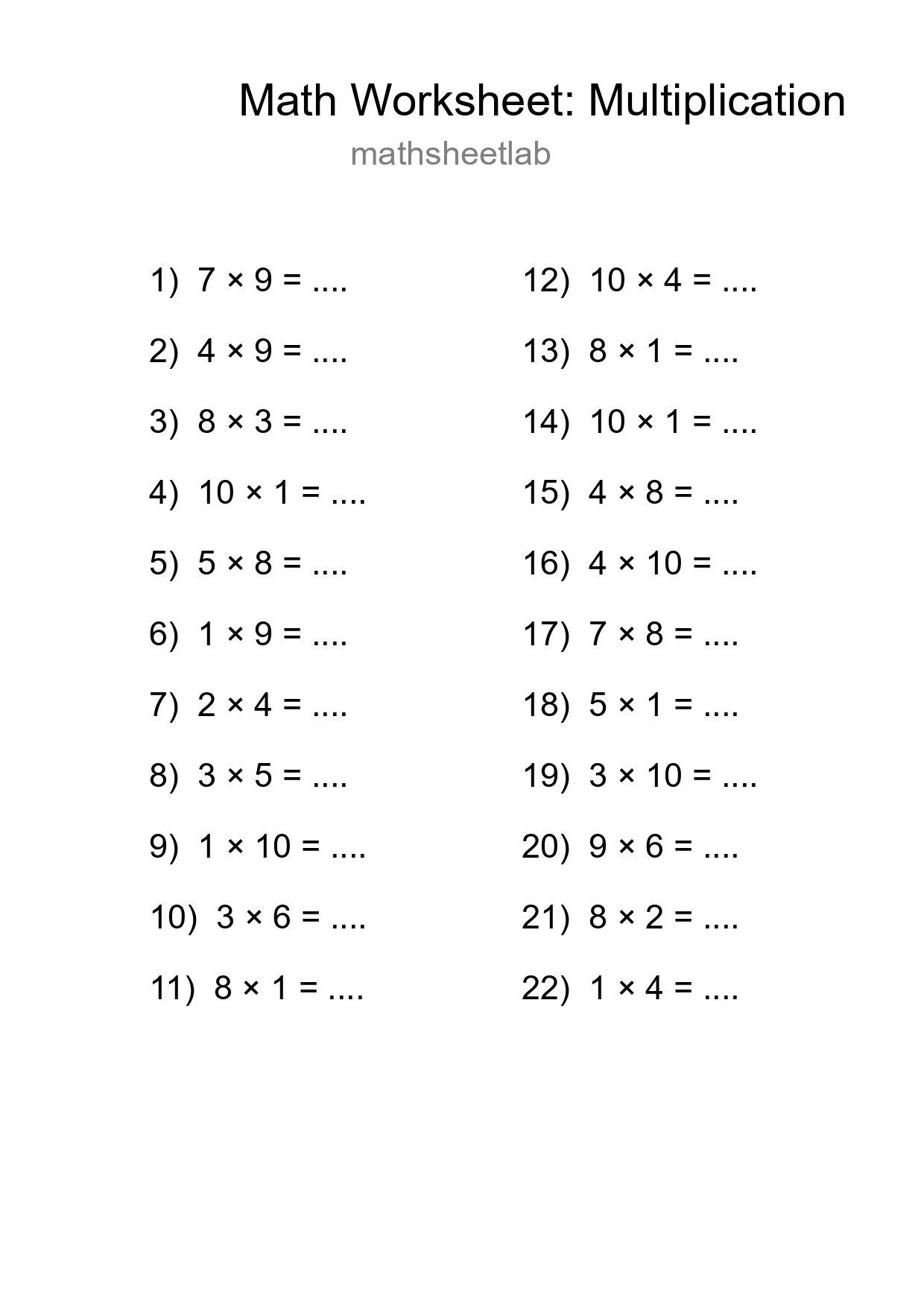 Grade 1 Multiplication Practice Worksheet (22 Problems) - Part 128