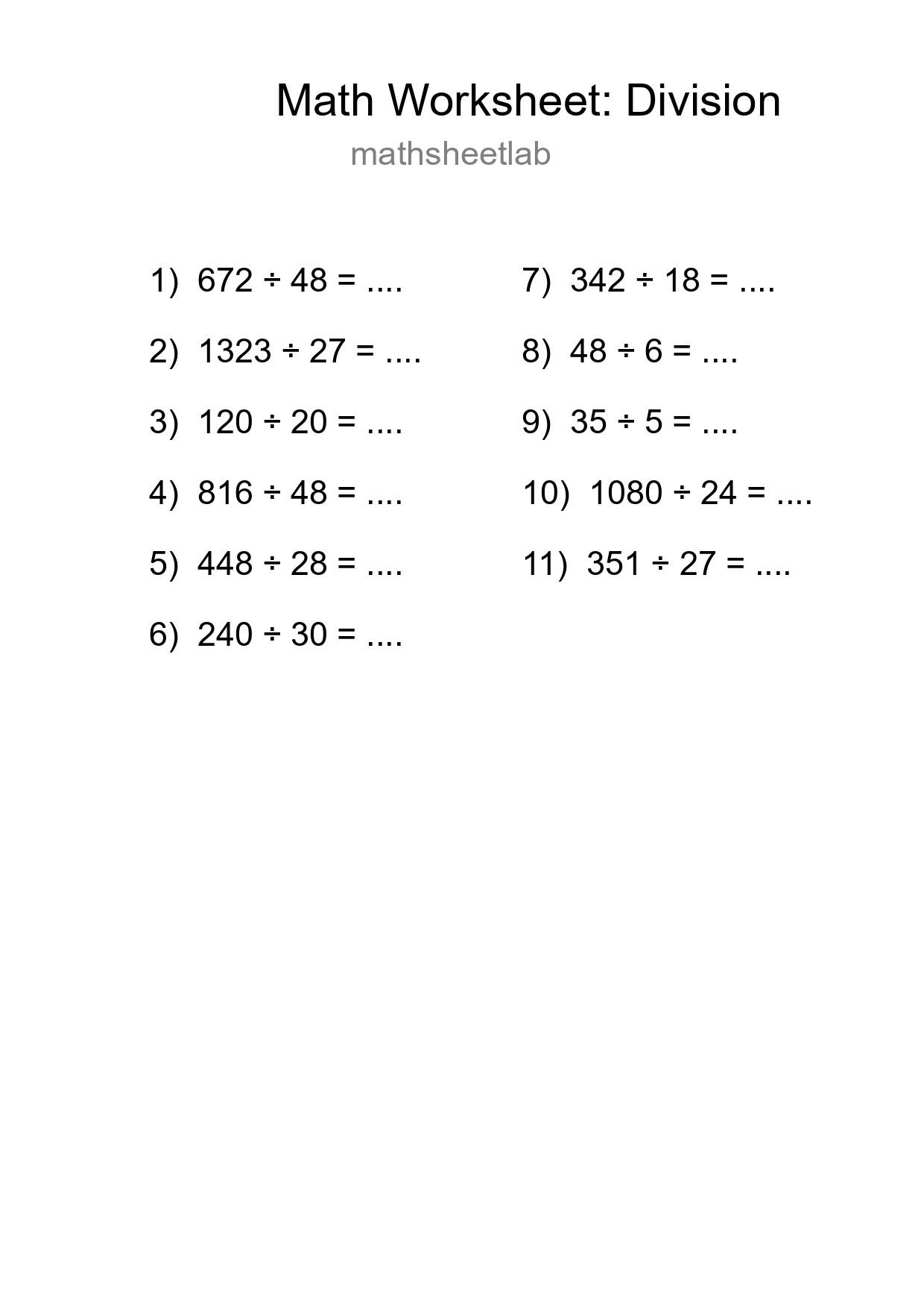 Grade 2 Division Practice Worksheet (11 Problems) - Part 224