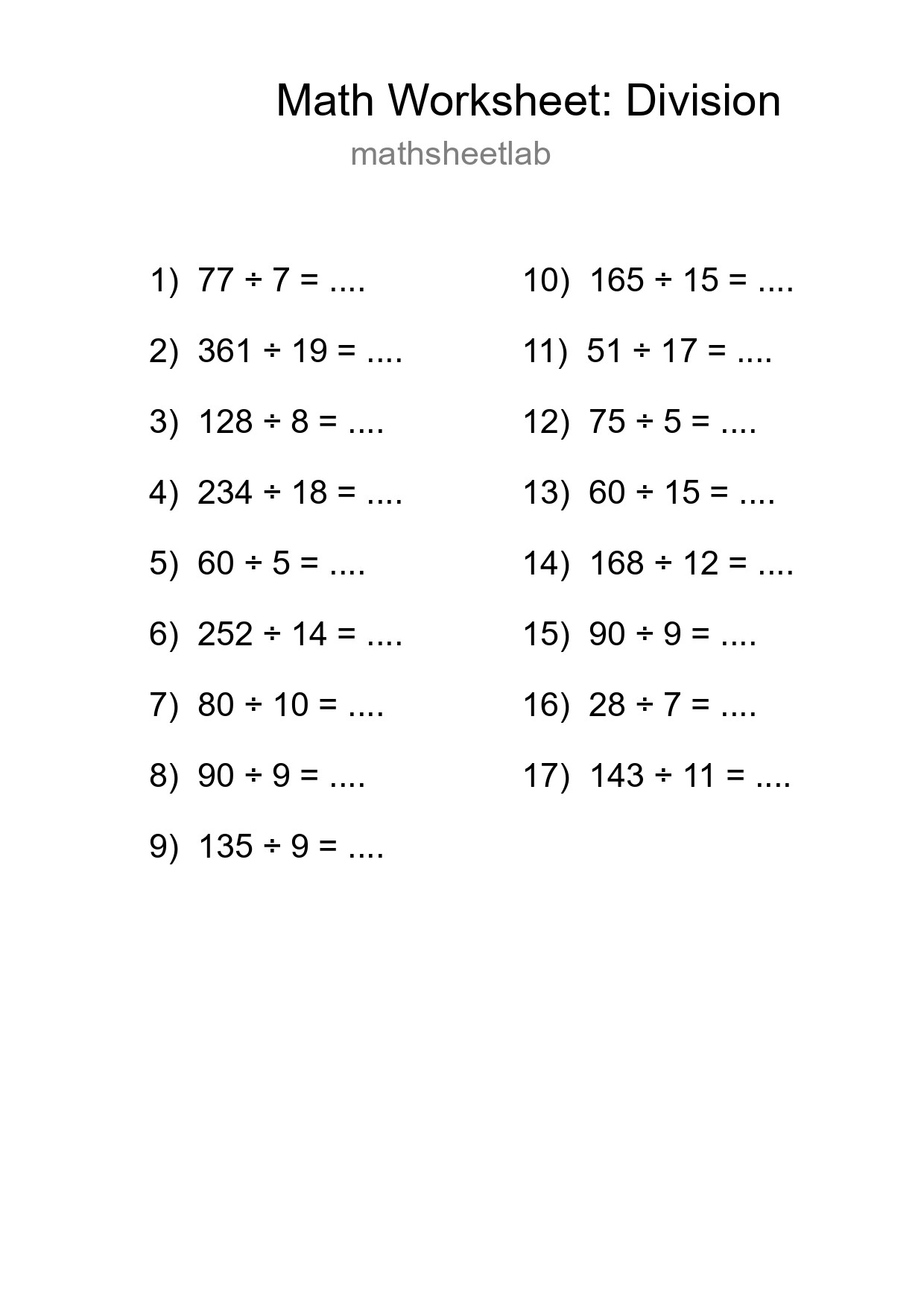 Grade 2 Division Practice Worksheet (17 Problems) - Part 4