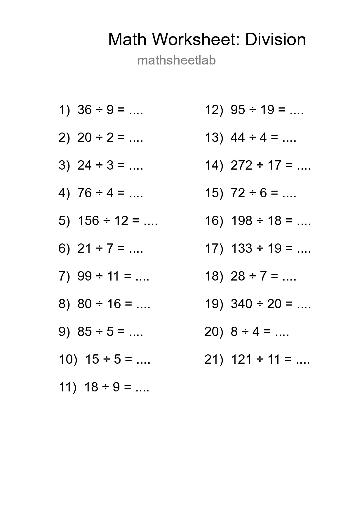 Grade 2 Division Practice Worksheet (21 Problems) - Part 169
