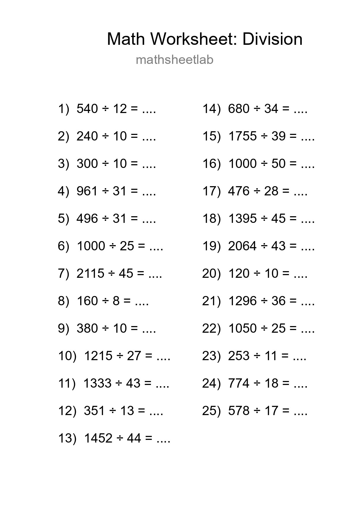 Grade 2 Division Practice Worksheet (25 Problems) - Part 92
