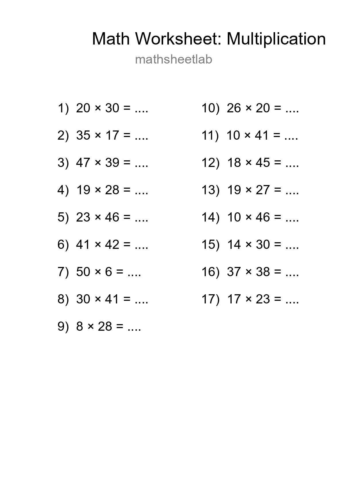 Grade 2 Multiplication Practice Worksheet (17 Problems) - Part 238