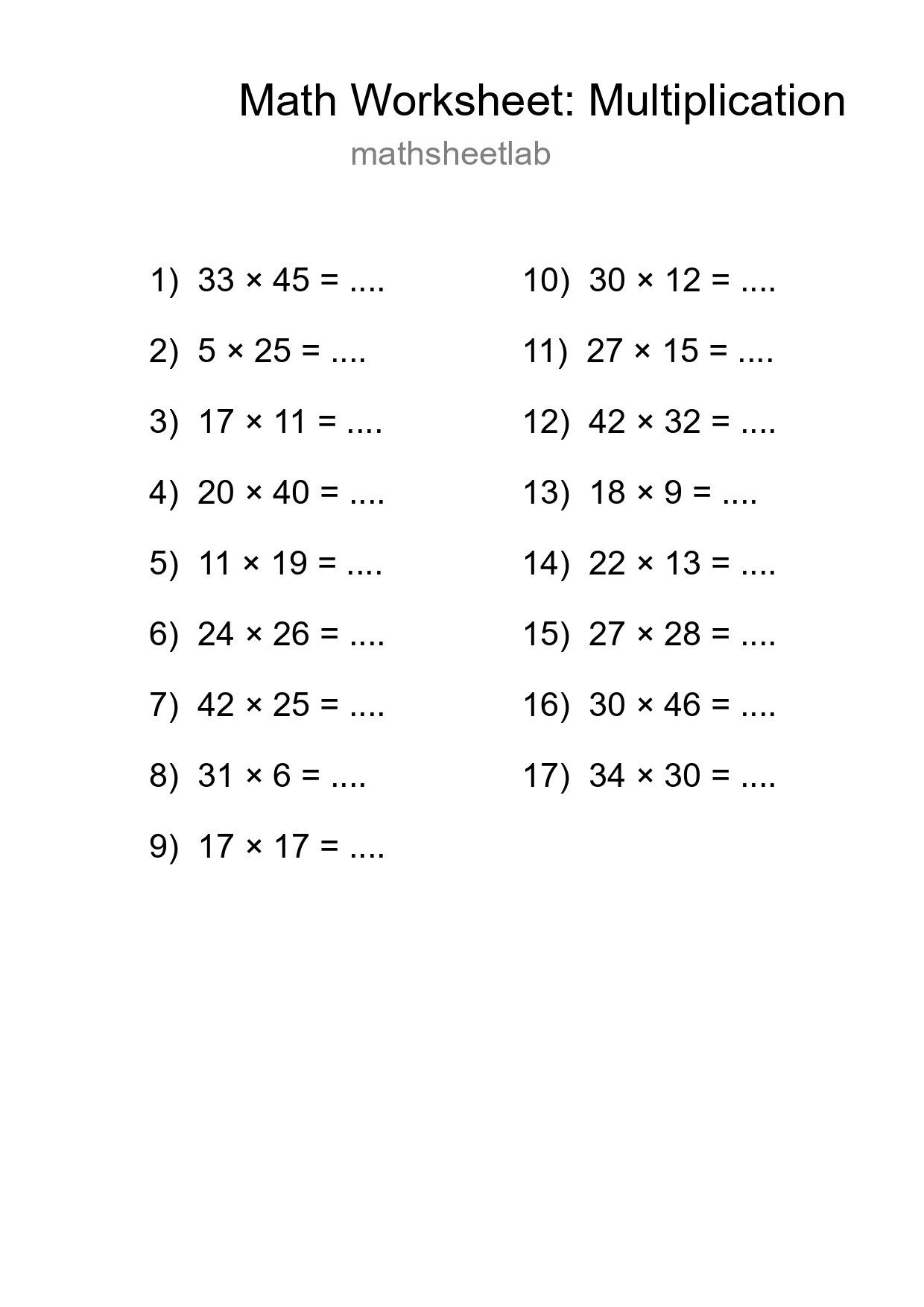Grade 2 Multiplication Practice Worksheet (17 Problems) - Part 271