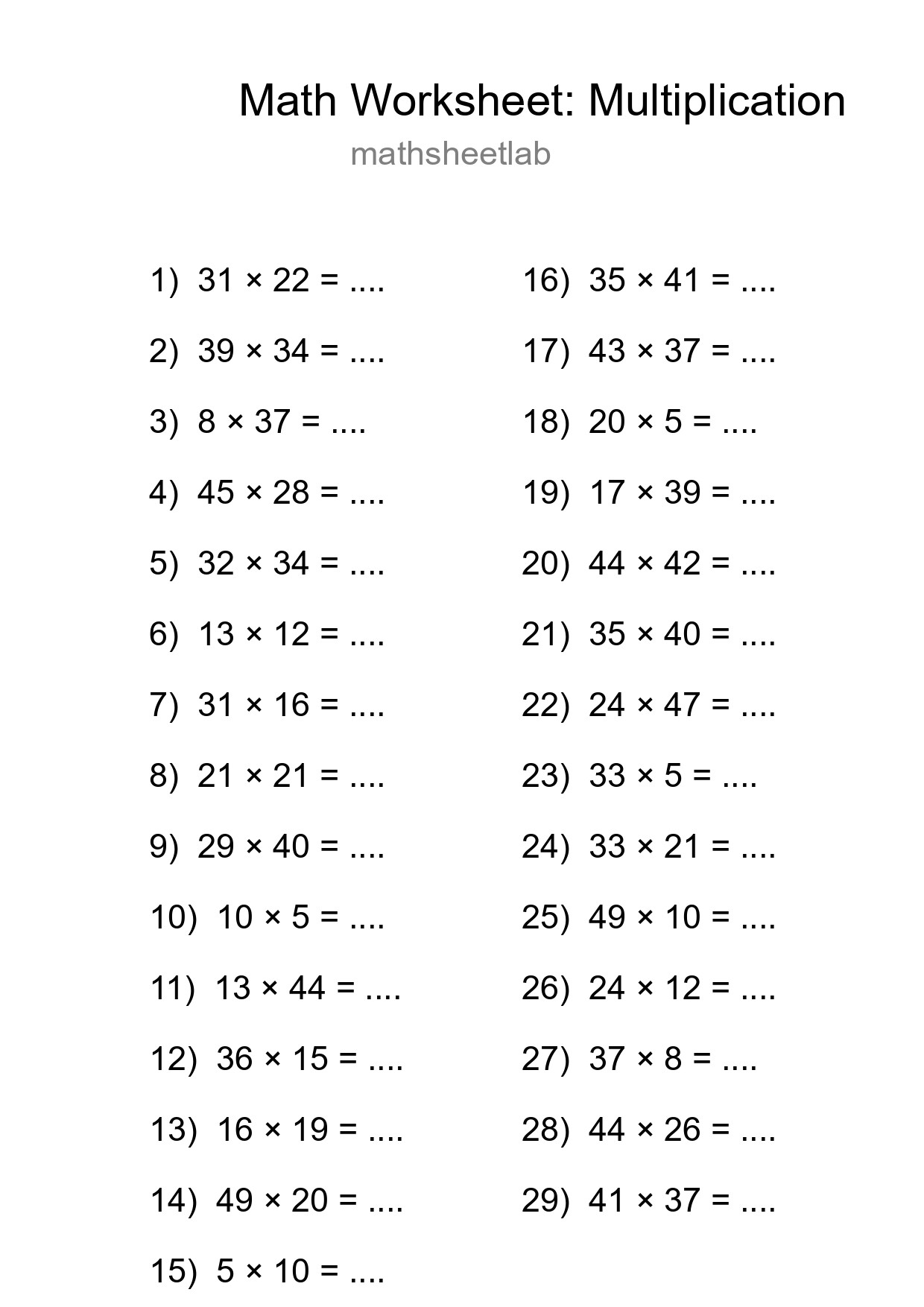 Grade 2 Multiplication Practice Worksheet (29 Problems) - Part 260