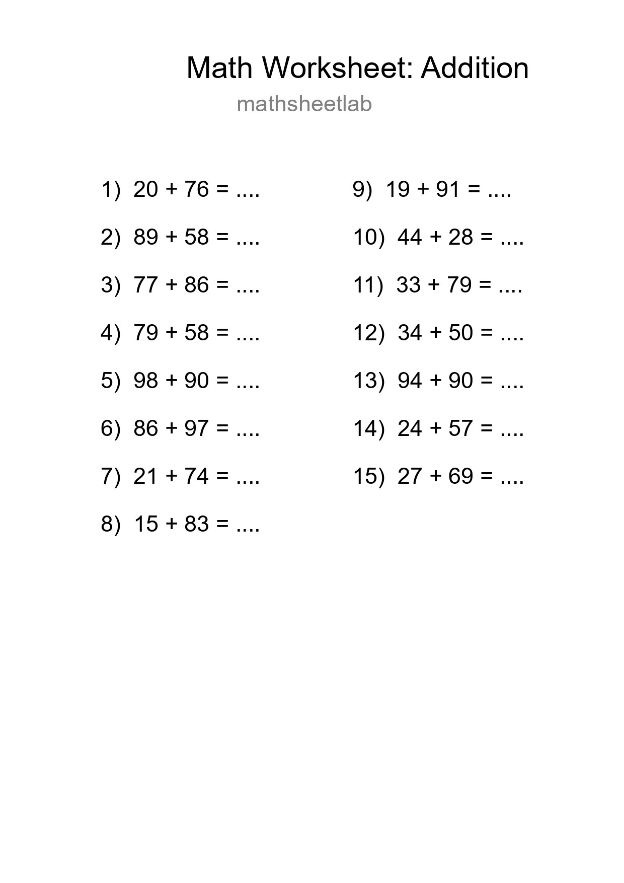 Grade 3 Addition Practice Worksheet (15 Problems) - Part 67