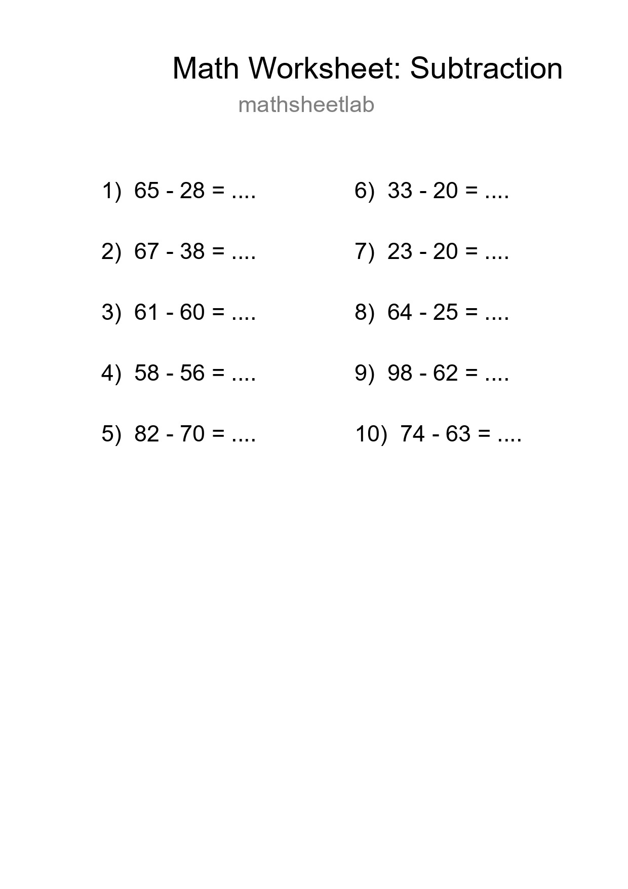 Grade 3 Subtraction Practice Worksheet (10 Problems) - Part 250