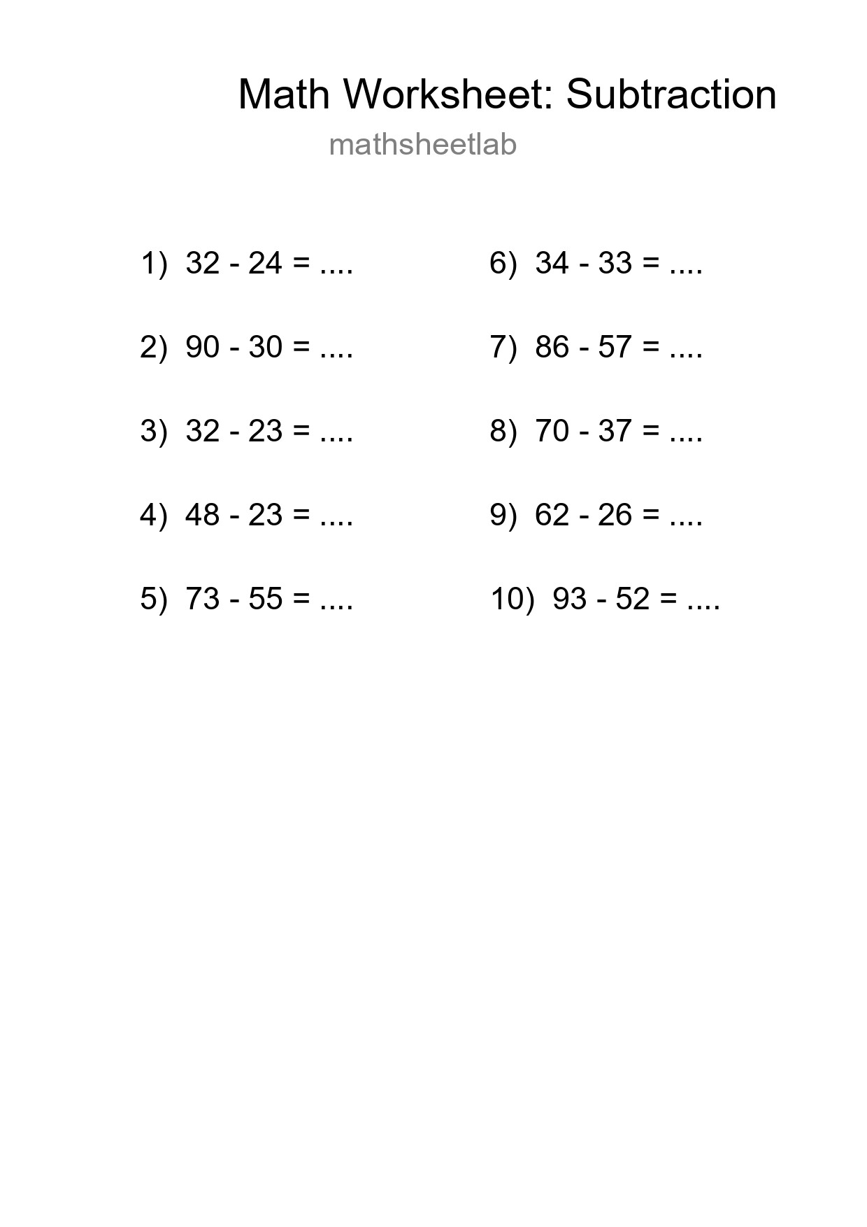 Grade 3 Subtraction Practice Worksheet (10 Problems) - Part 52