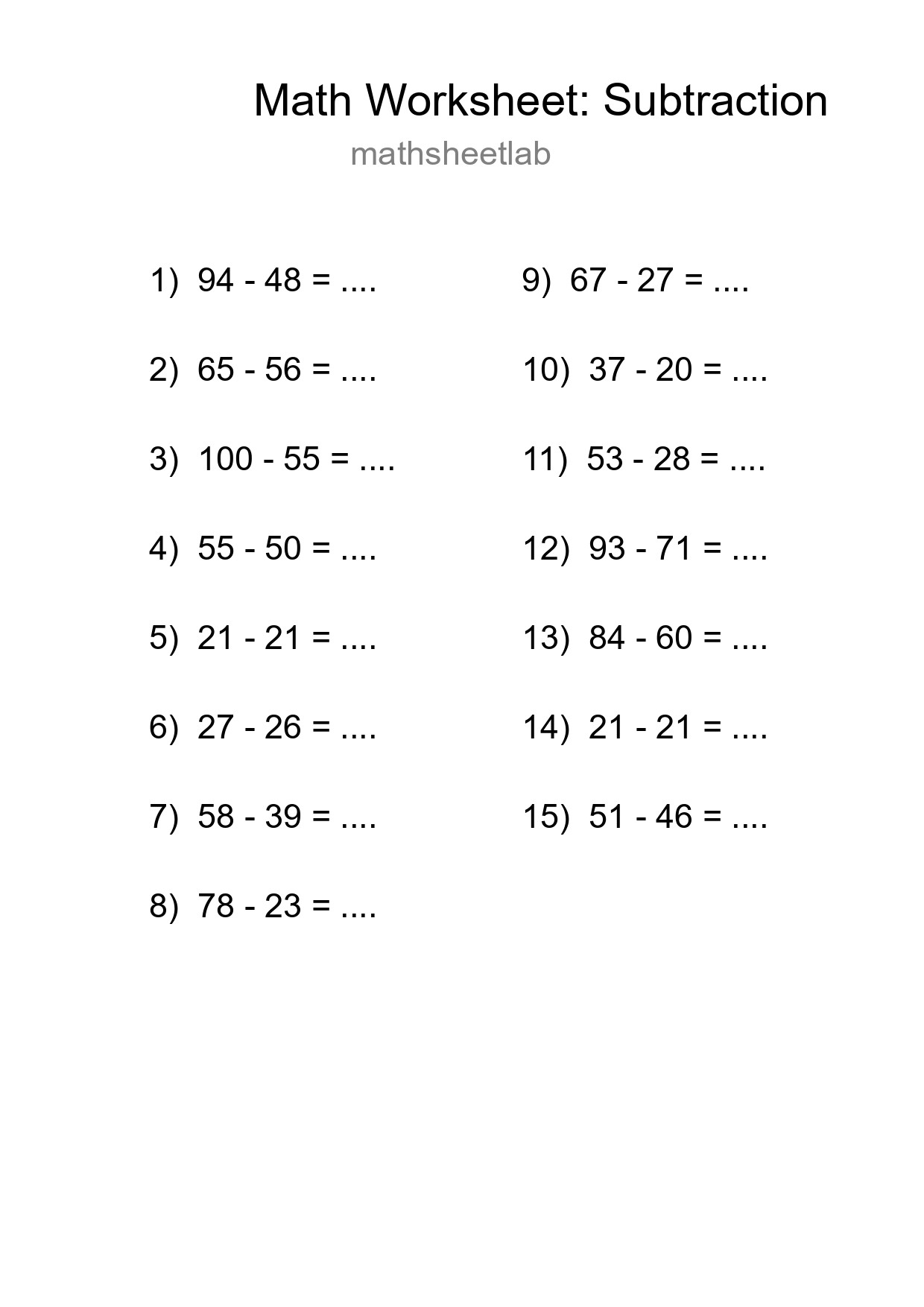 Grade 3 Subtraction Practice Worksheet (15 Problems) - Part 107
