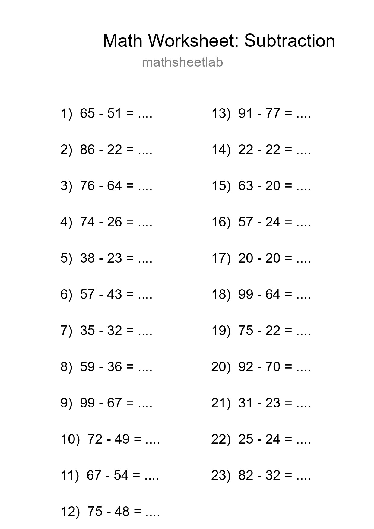 Grade 3 Subtraction Practice Worksheet (23 Problems) - Part 283