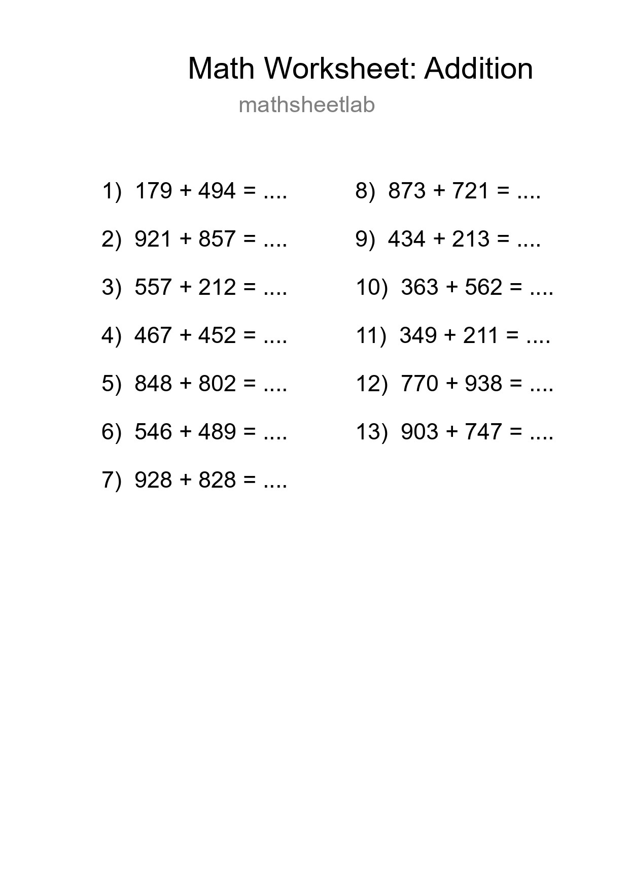 Grade 5 Addition Practice Worksheet (13 Problems) - Part 298