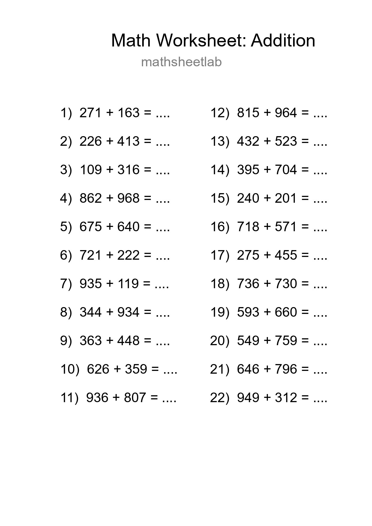 Grade 5 Addition Practice Worksheet (22 Problems) - Part 276