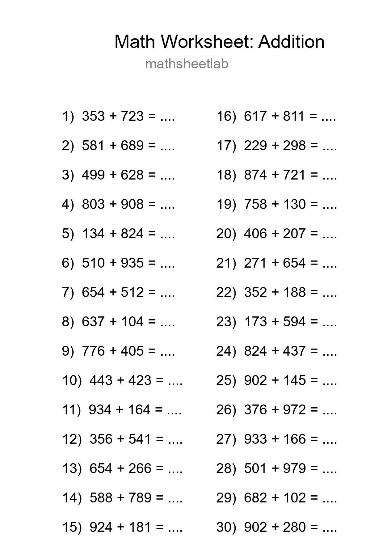 Grade 5 Addition Practice Worksheet (30 Problems) - Part 12