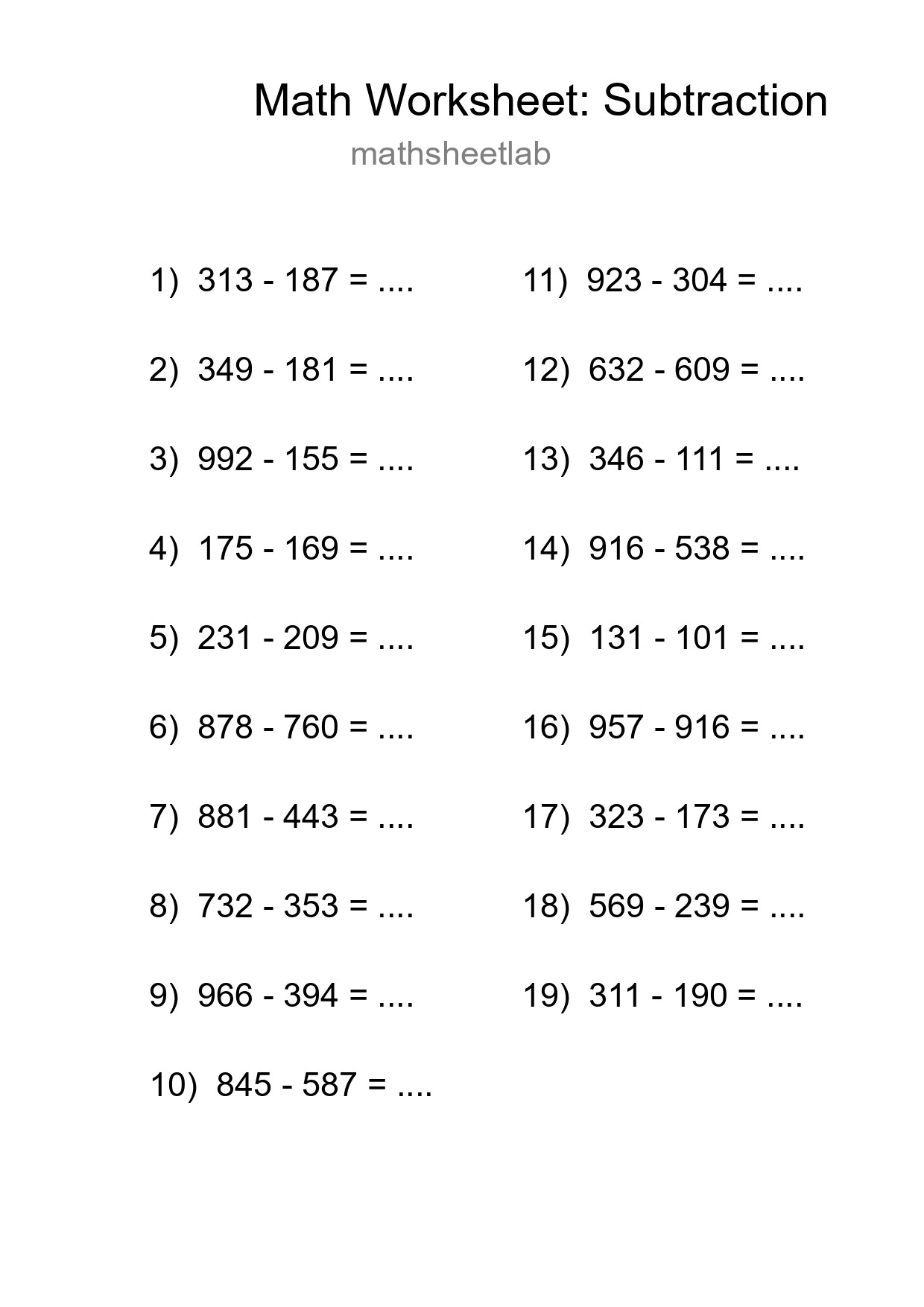 Grade 5 Subtraction Practice Worksheet (19 Problems) - Part 206