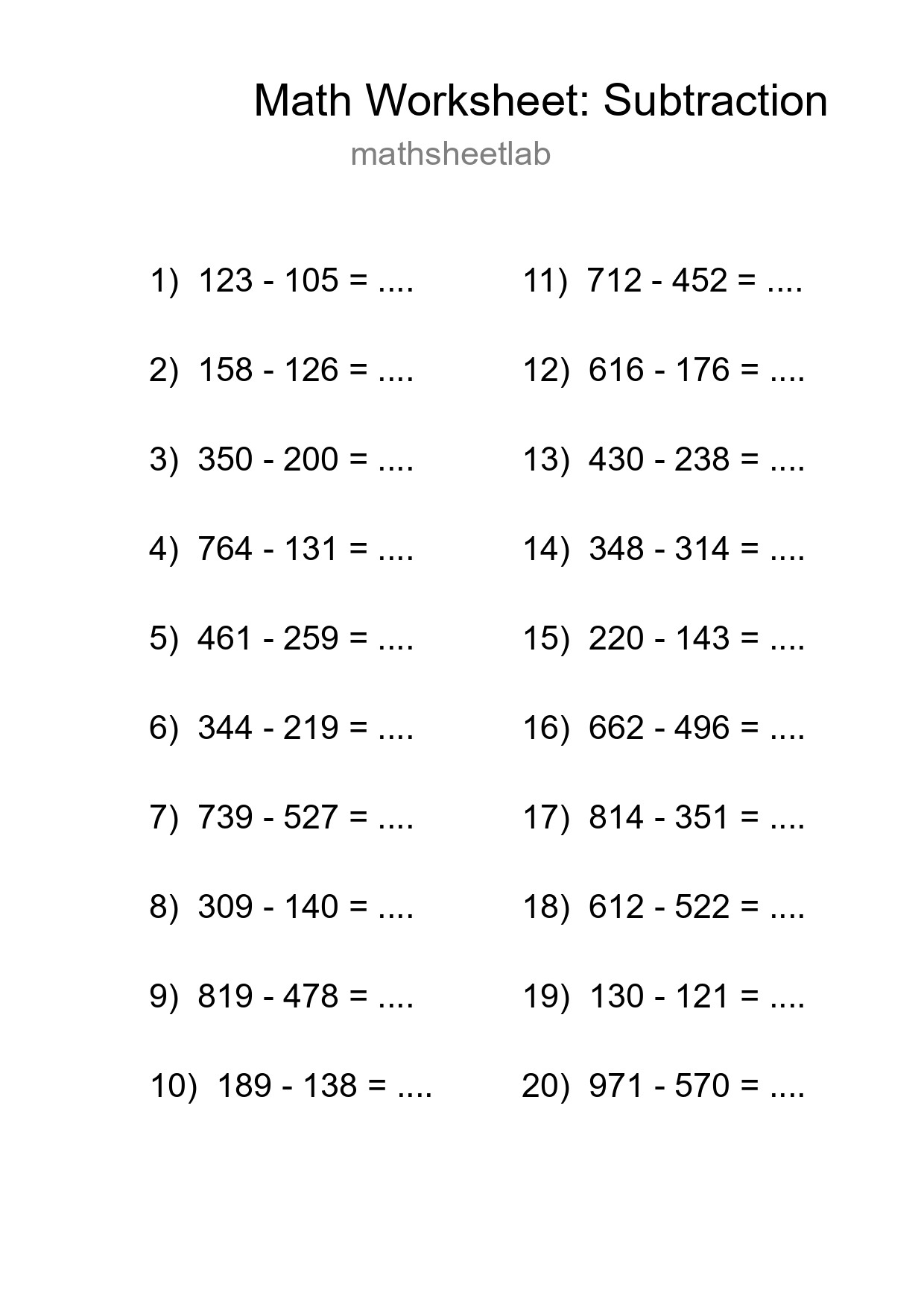 Grade 5 Subtraction Practice Worksheet (20 Problems) - Part 85