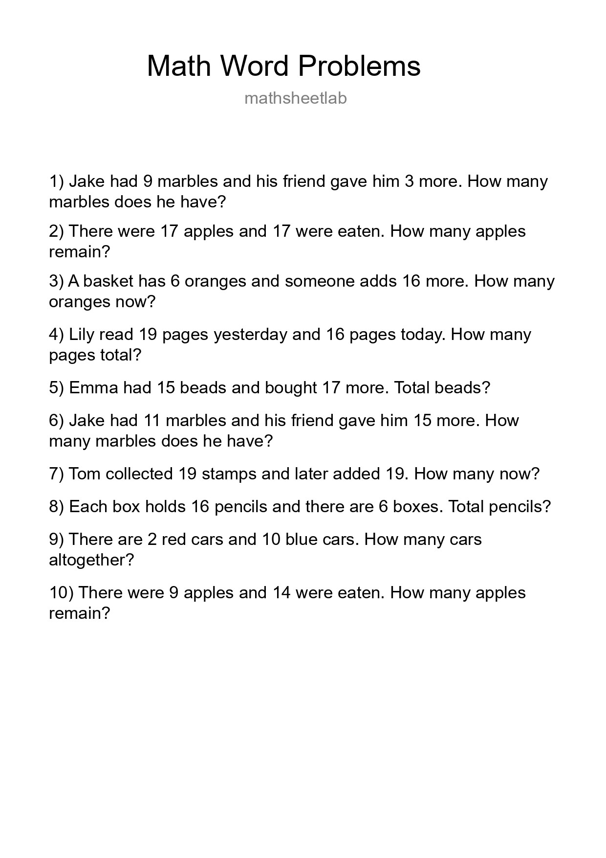Math Word Problem Worksheet