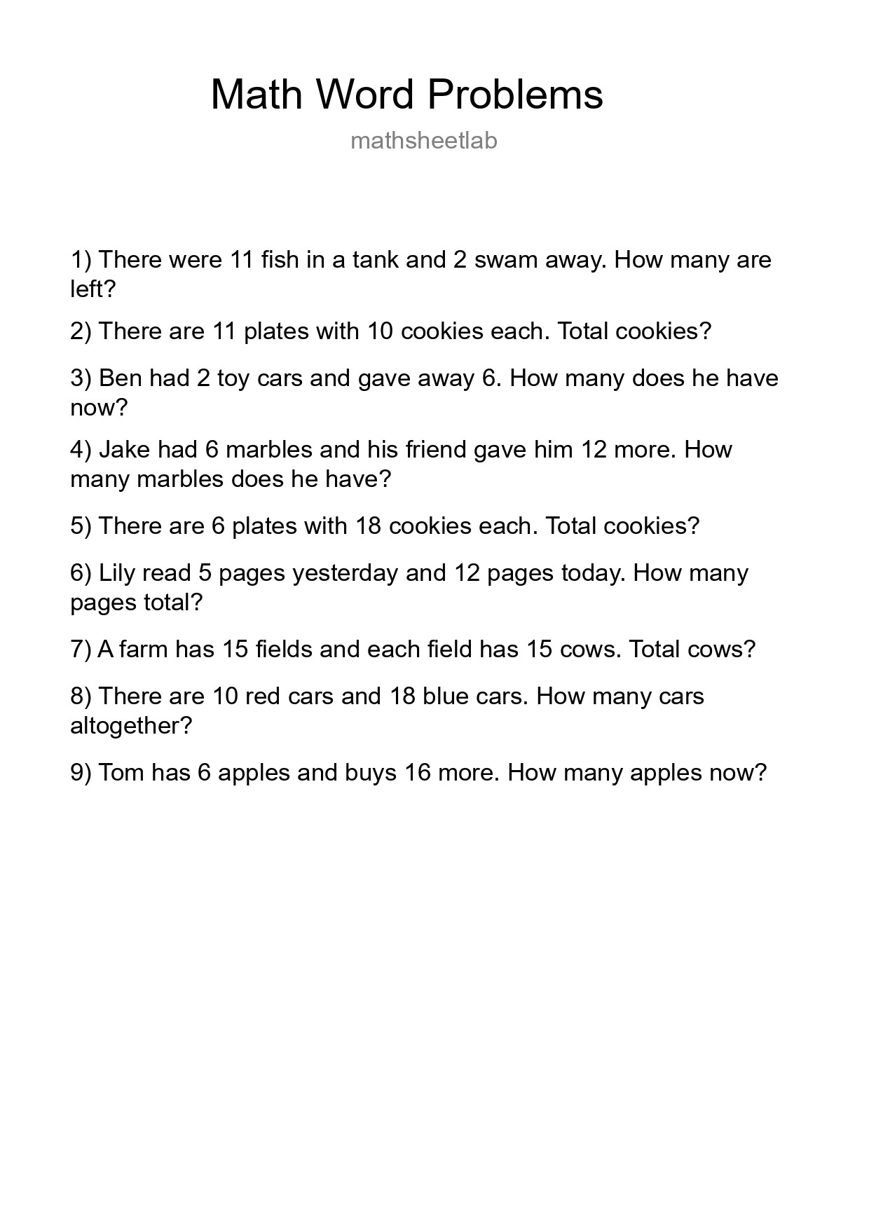 Math Word Problem Worksheet