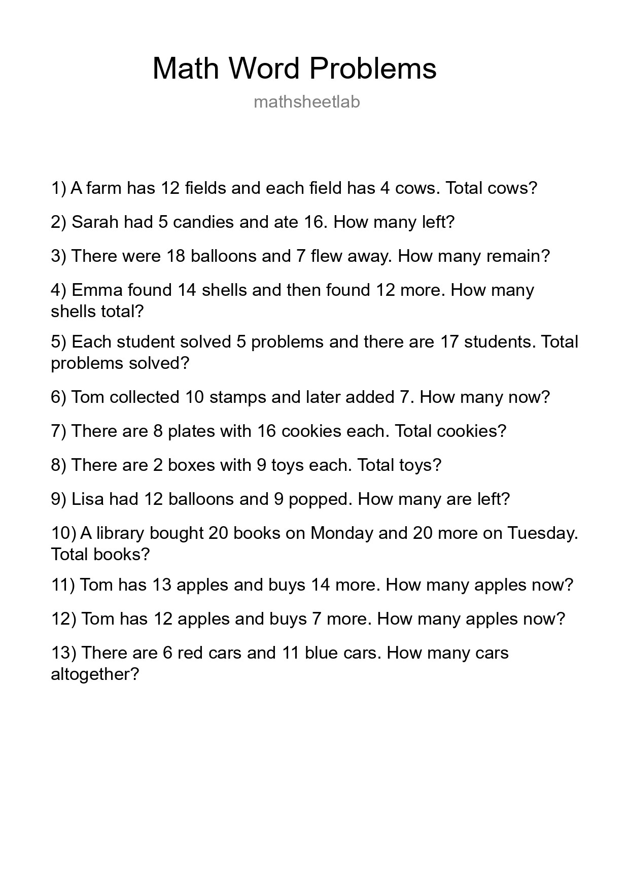 Math Word Problem Worksheet