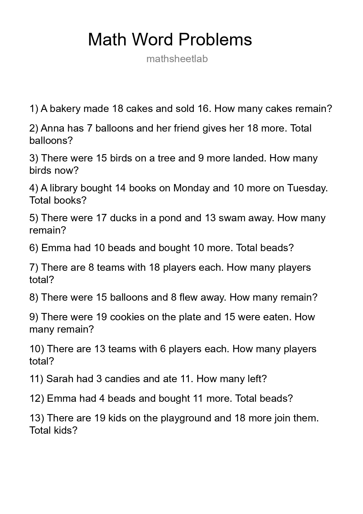 Math Word Problem Worksheet