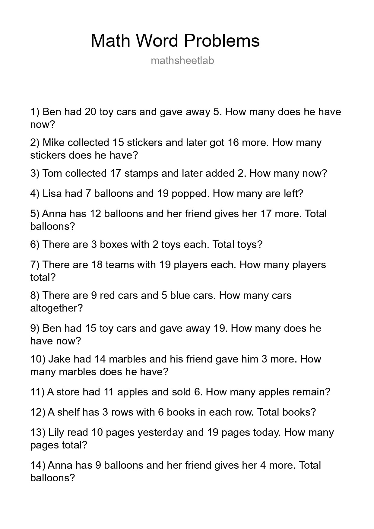 Math Word Problem Worksheet