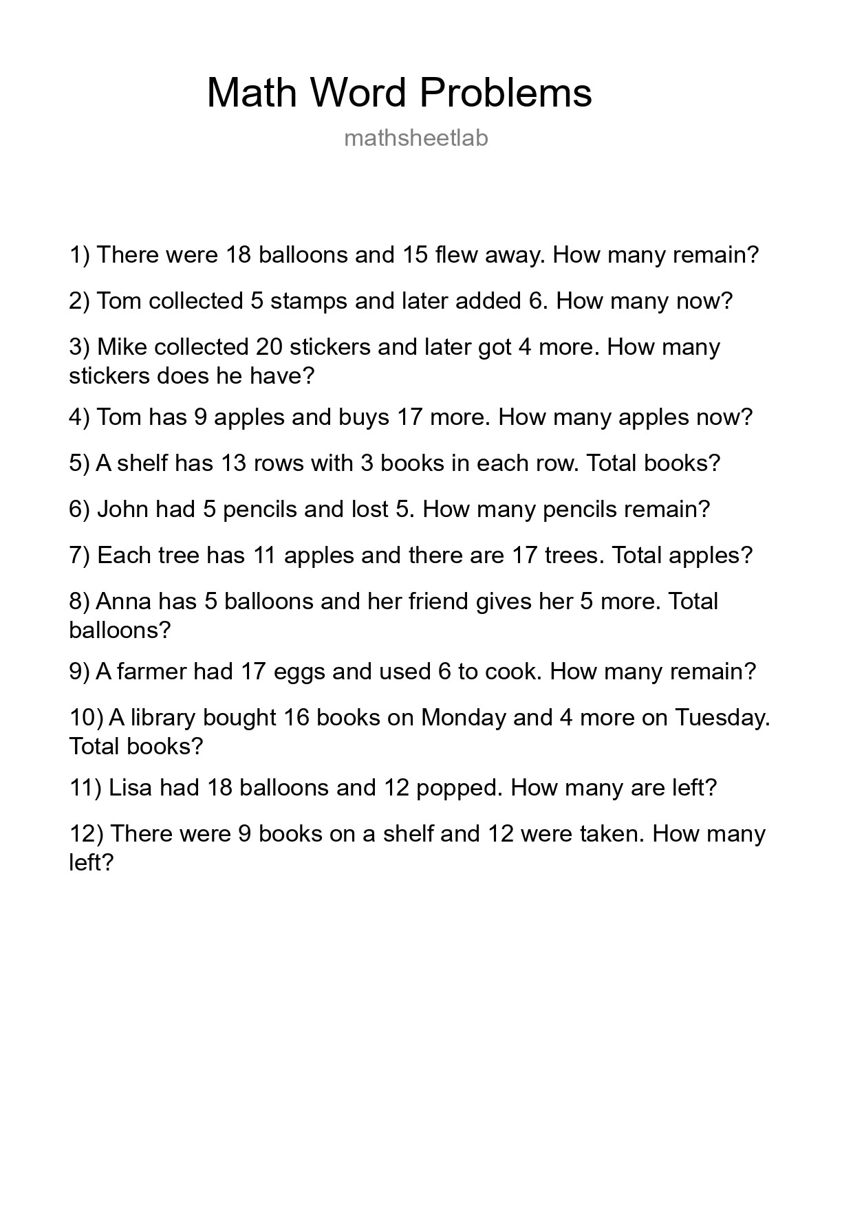 Math Word Problem Worksheet
