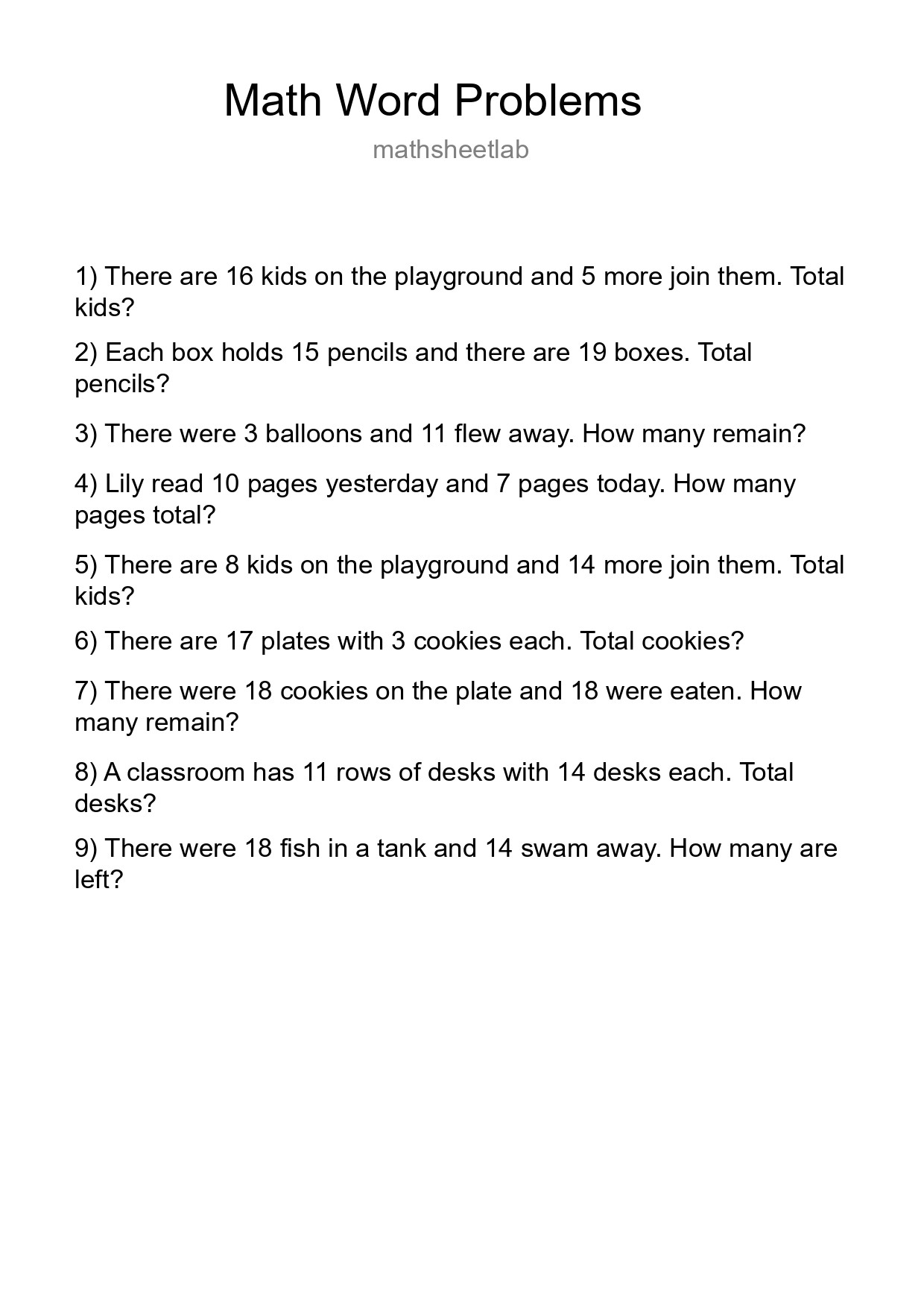 Math Word Problem Worksheet