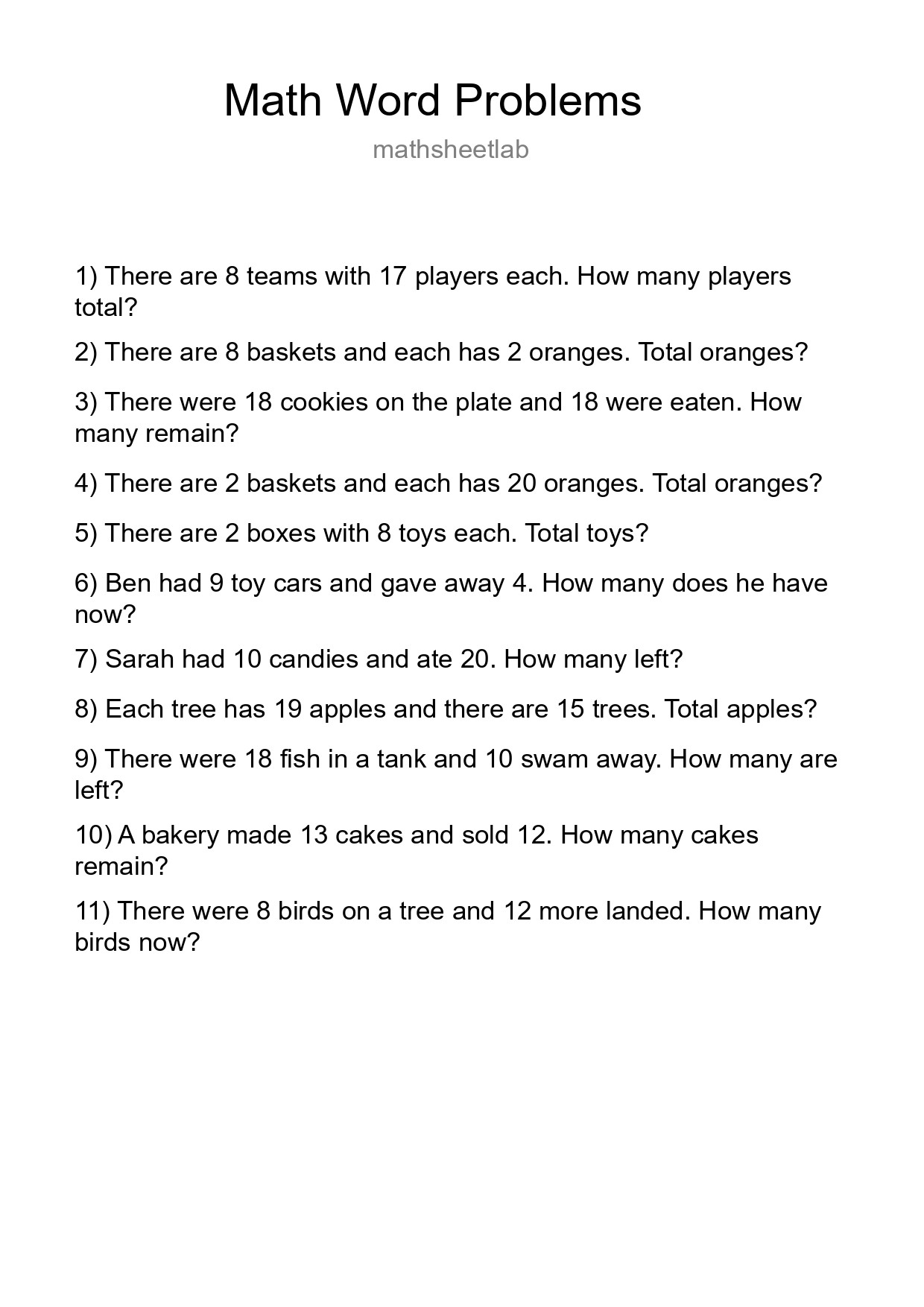 Math Word Problem Worksheet