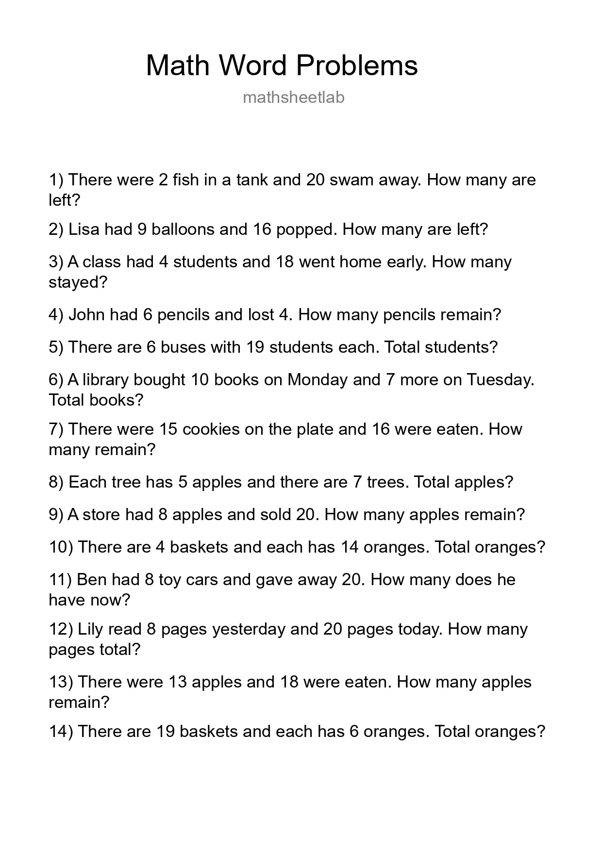 Math Word Problem Worksheet