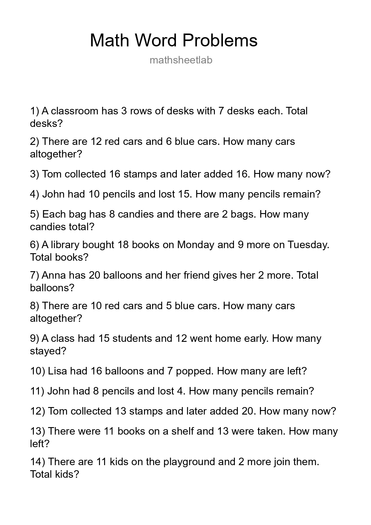 Math Word Problem Worksheet