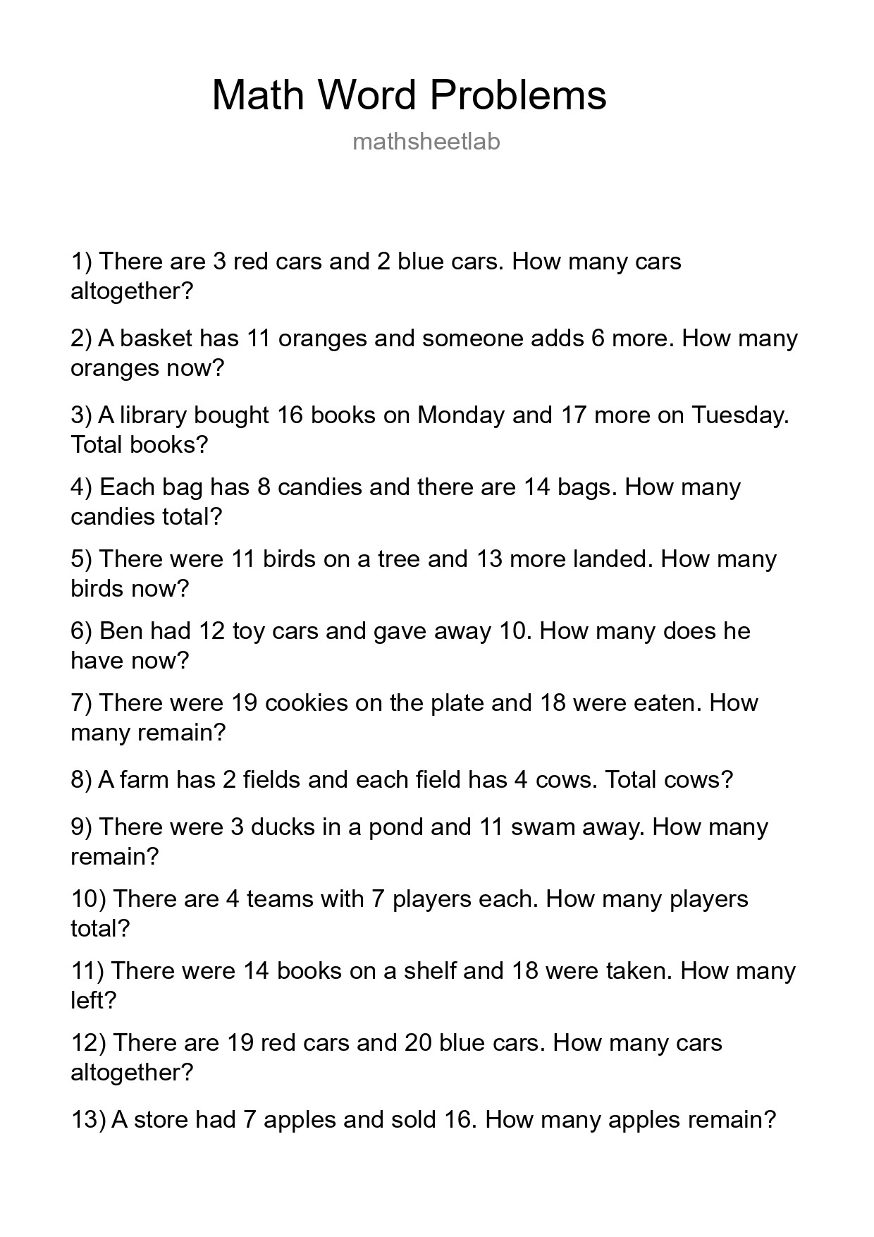 Math Word Problem Worksheet